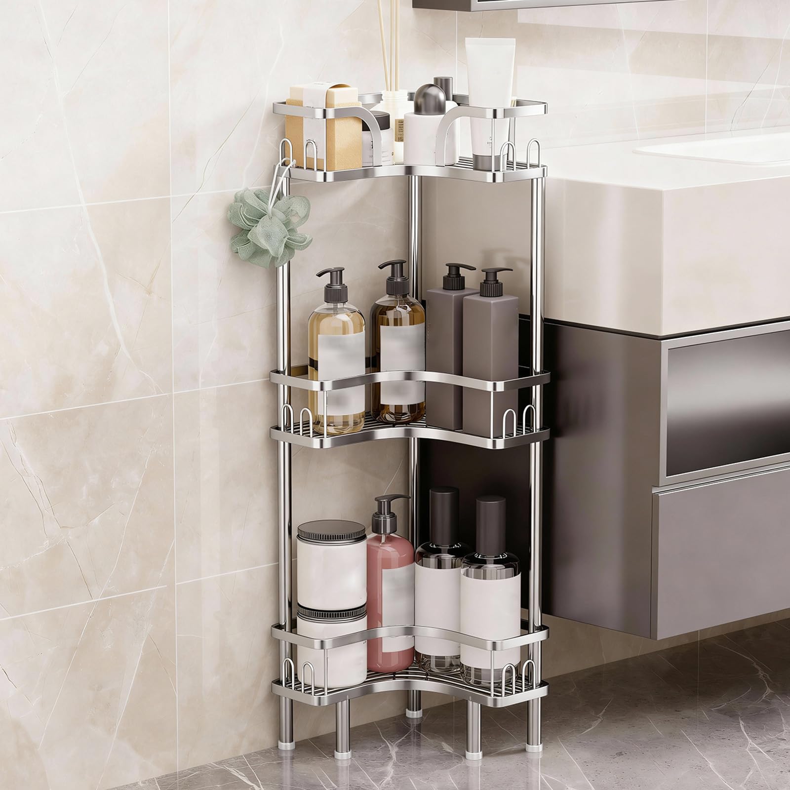 Adjustable Corner Shower Caddy No Drill Bathroom Floor-standing Shelf Unit