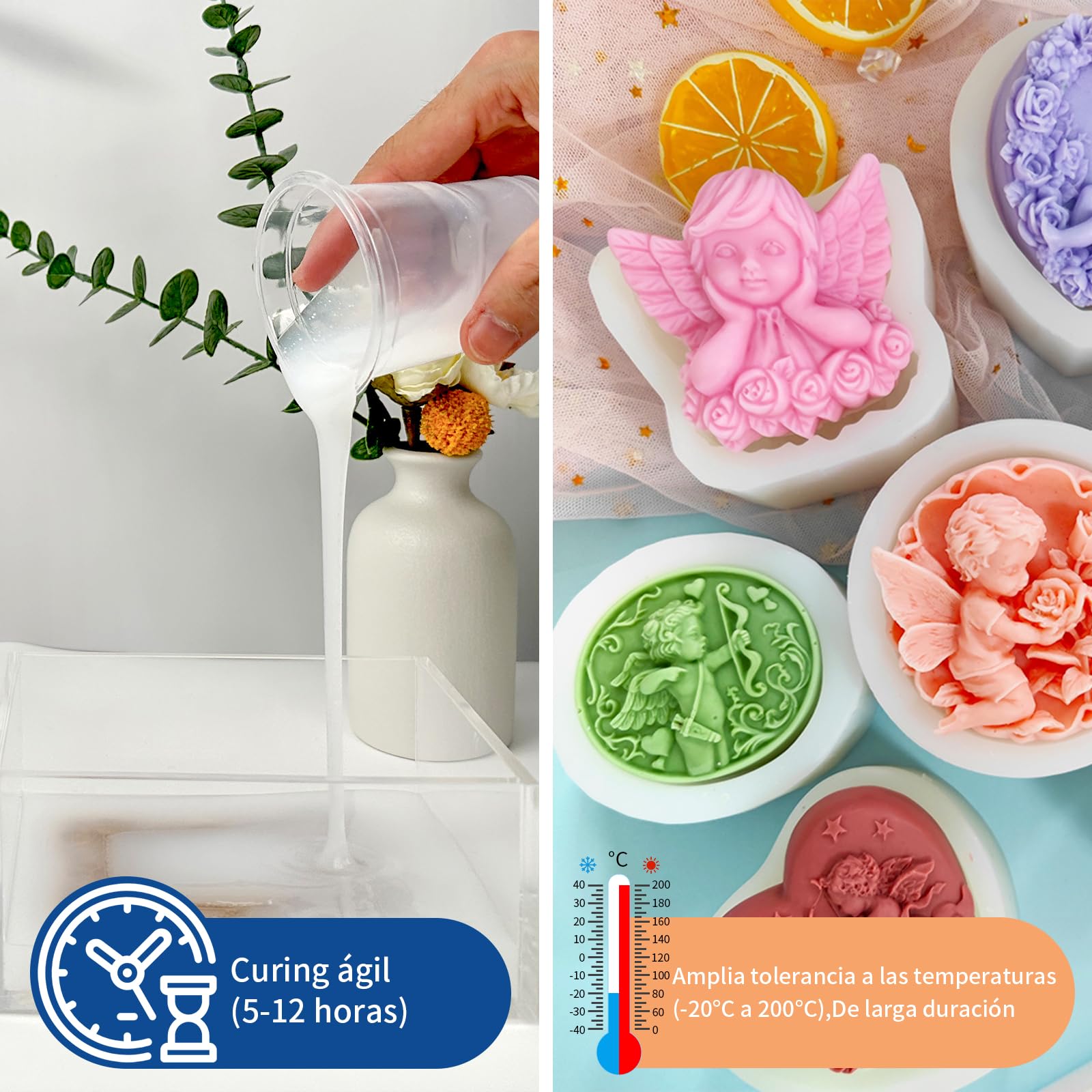 Silicona para Moldes 20A,1,25KG Silicona Liquida Transparente,Mezclado 1:1 de Caoutchouc de Silice para Moldes de Curado Rápido para Artesanías de Jabón a Mano, Velas, Moldes de Resina
