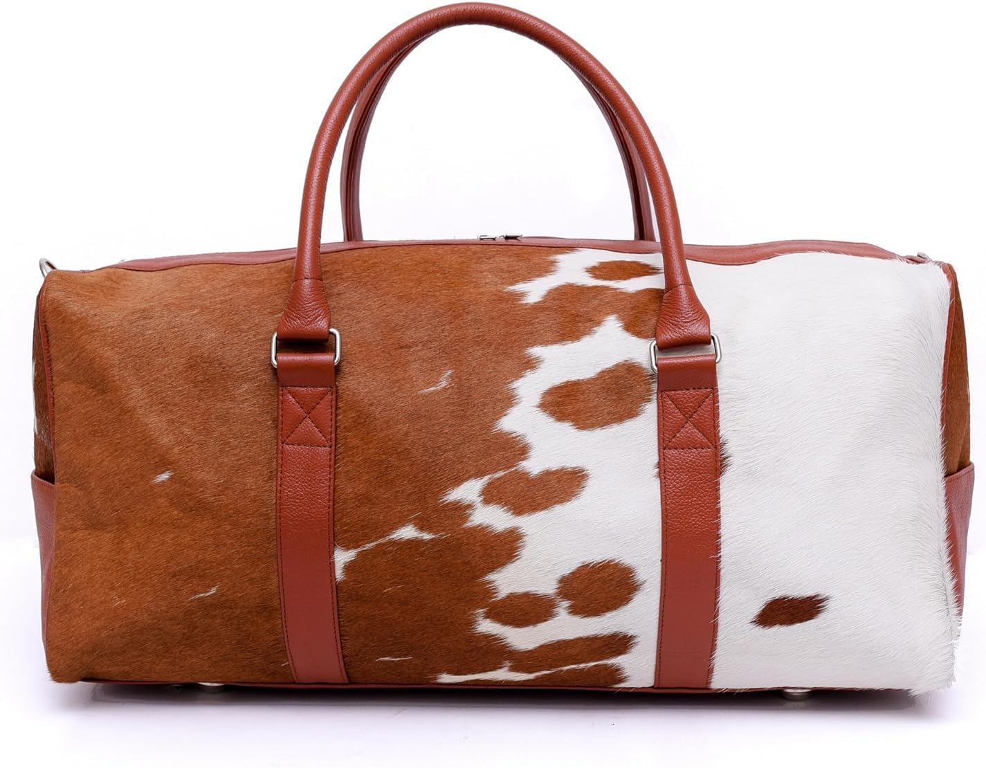 CHAYEL Unisex Cowhide Leather Duffel Bag Weekender Travel Brown and White Duffel Bag Gym Bag Premium Quality Luggage Duffel, CHAY-02