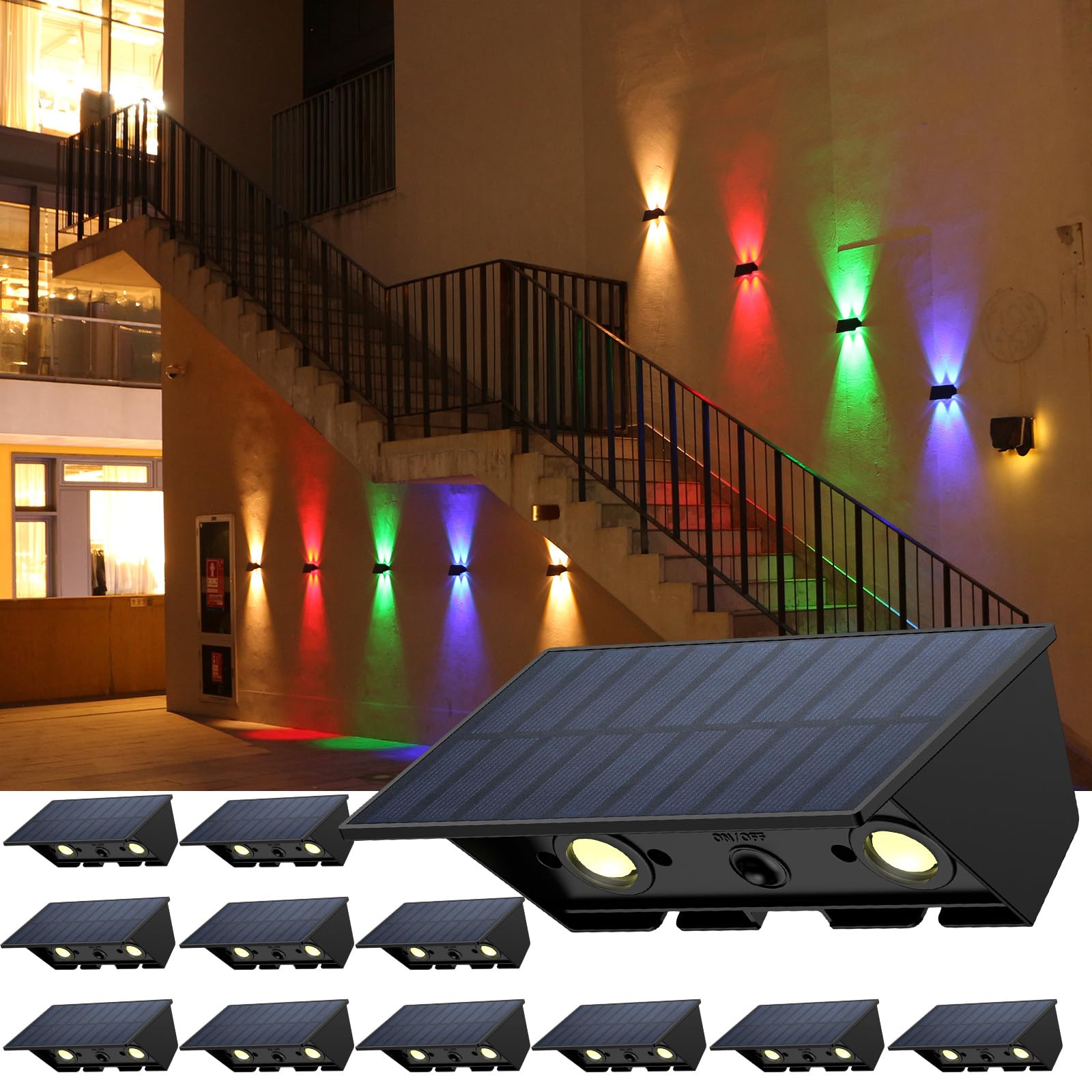 IIRARA Lampada Solare da Esterno Bianca Calda e RGB Applique da Esterno Solare Basso e Alto Lampade Solari a LED da Esterno Impermeabile 2 Articoli Lampade da Esterno Giardino 120 Lumi per Cortile