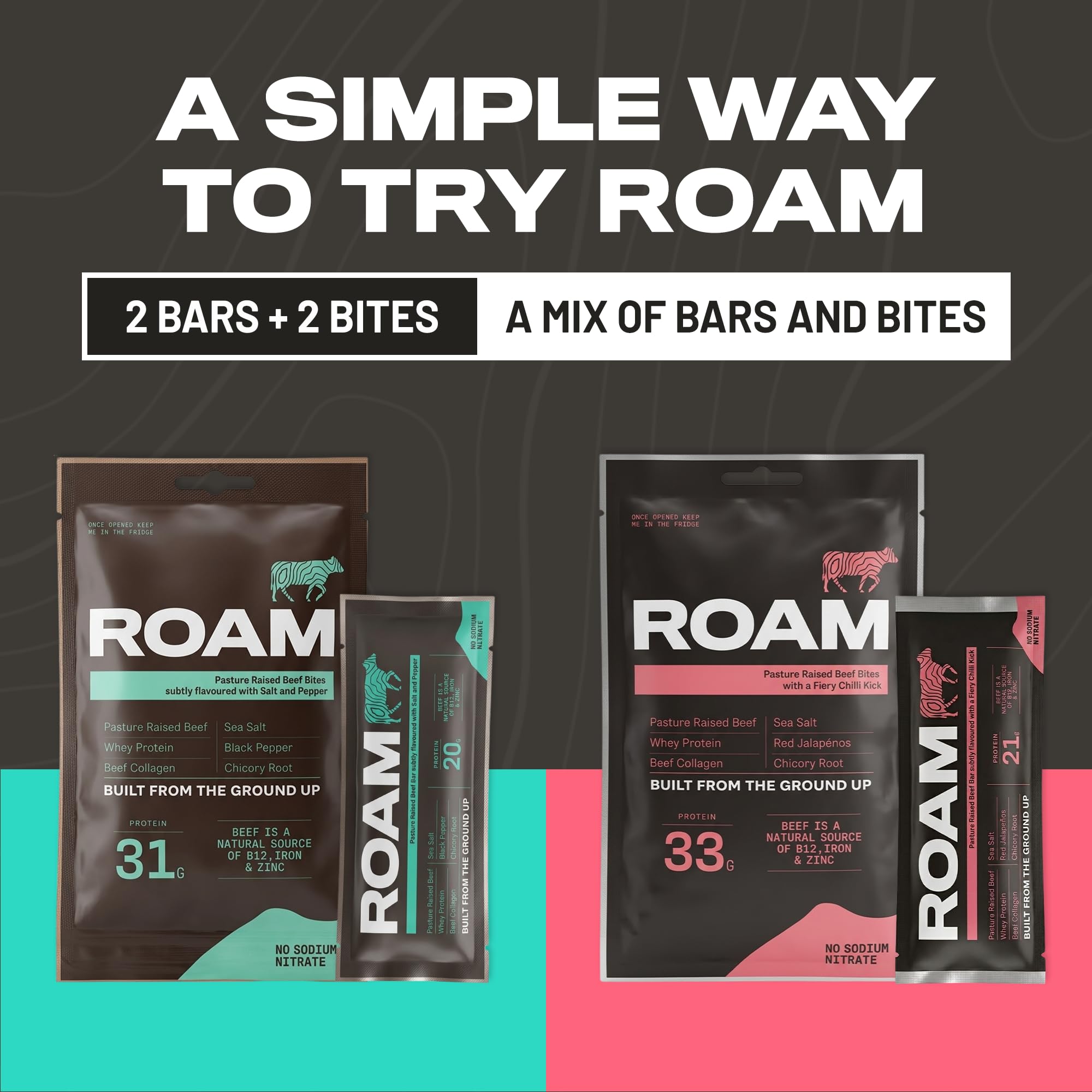 ROAM Beef Jerky Taster Pack, High Protein Snacks, 4er Probierpackung (2 x Beef Jerky Bars 45g, 2 x Beef Bites 70g) | Weiderindfleisch, wenig Zucker, ohne künstliche Aromen oder Konservierungsstoffe
