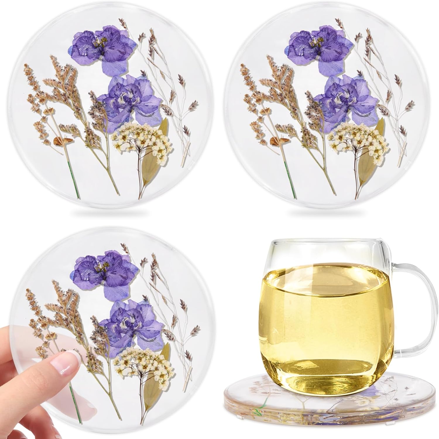 Drink Coasters Set of 6: Crystal Transparent Flower Coasters - Resin Coaster for Desk (6, White Flower)