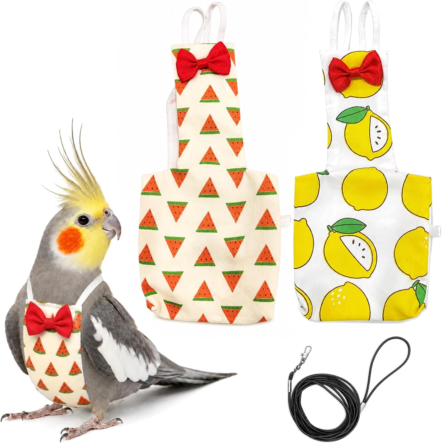 2Pcs Cockatiel/Conure/Quaker Small Bird Diaper with Leash Set | Cotton, Washable Reusable, Large Capacity, Small Parrot Diapers Harness for Indoor&Outdoor Flying Training