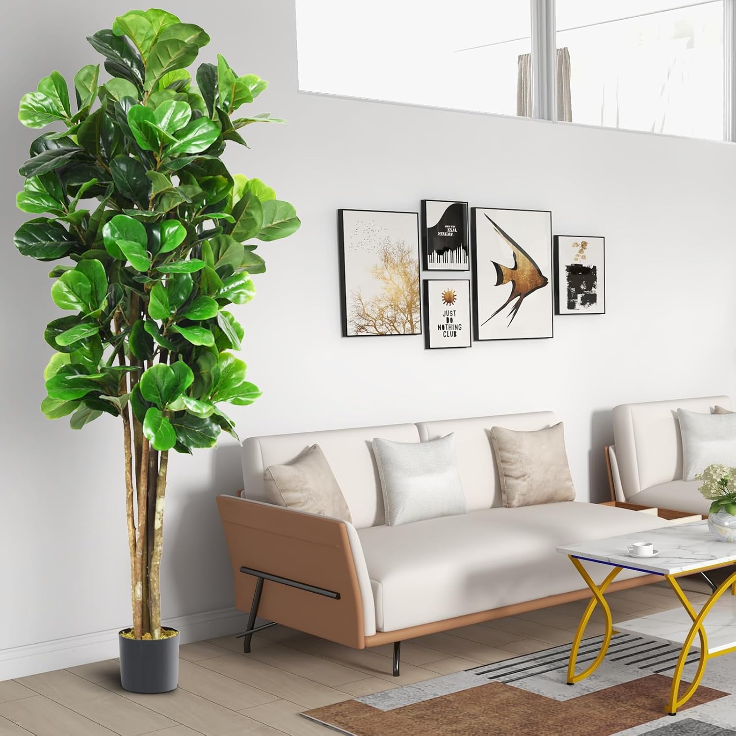 Happygrill 6FT Artificial Greenery Tree, Indoor Fake Fiddle Leaf Fig Tree Plants in Pot, Faux Ficus Lyrata Tree for Home, Office, Living Room Decoration
