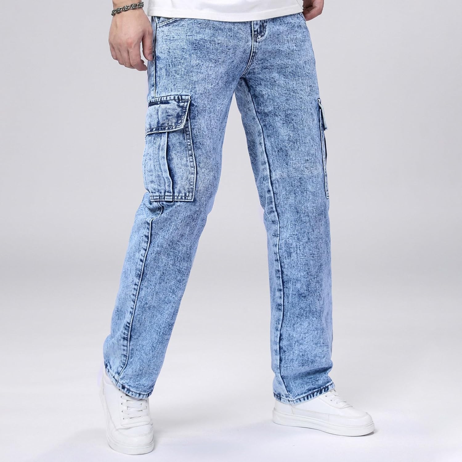 Mens Jeans Regular Fit Cargo Denim Pants Fashion Comfort Trousers Hip Hop High Street Streetwear