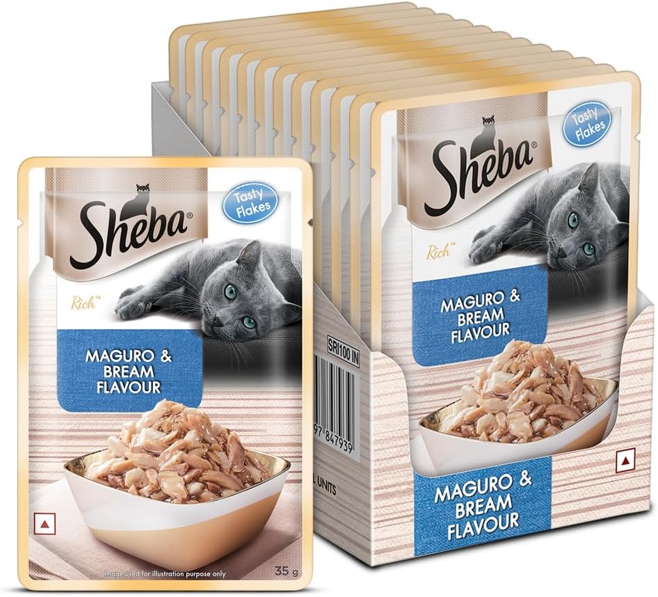 Sheba Rich Premium Adult (1+ Years) Wet Cat Food, Maguro & Bream Flavour, 35 g Pouch (Pack of 12), High-moisture wet food for healthy hydration