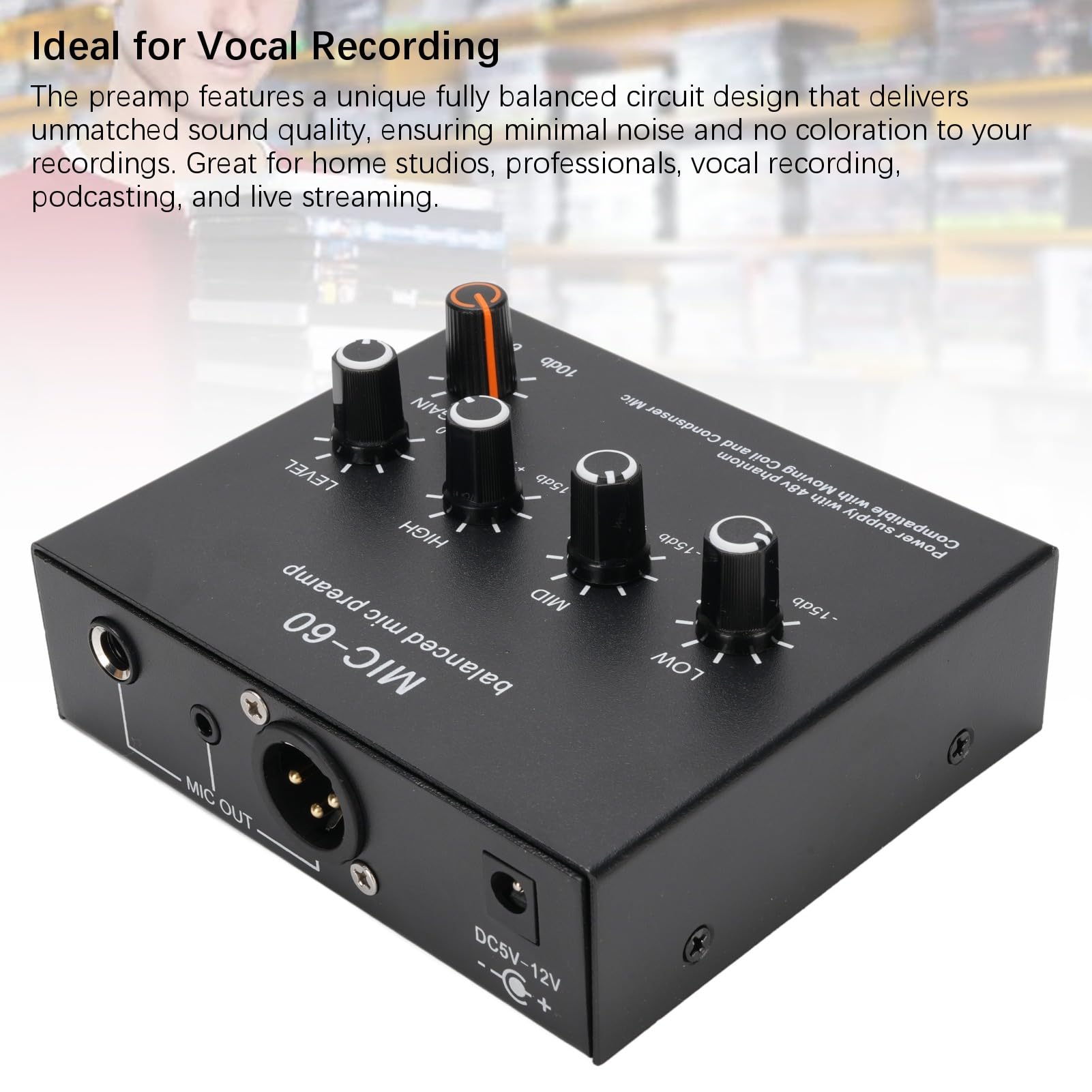 Préampli Microphone avec Gain 60dB et Alimentation 48V, Préamplificateur Micro 3 Canaux XLR 3,5mm 6,35mm pour Condensateur Dynamique, Câble XLR Inclus