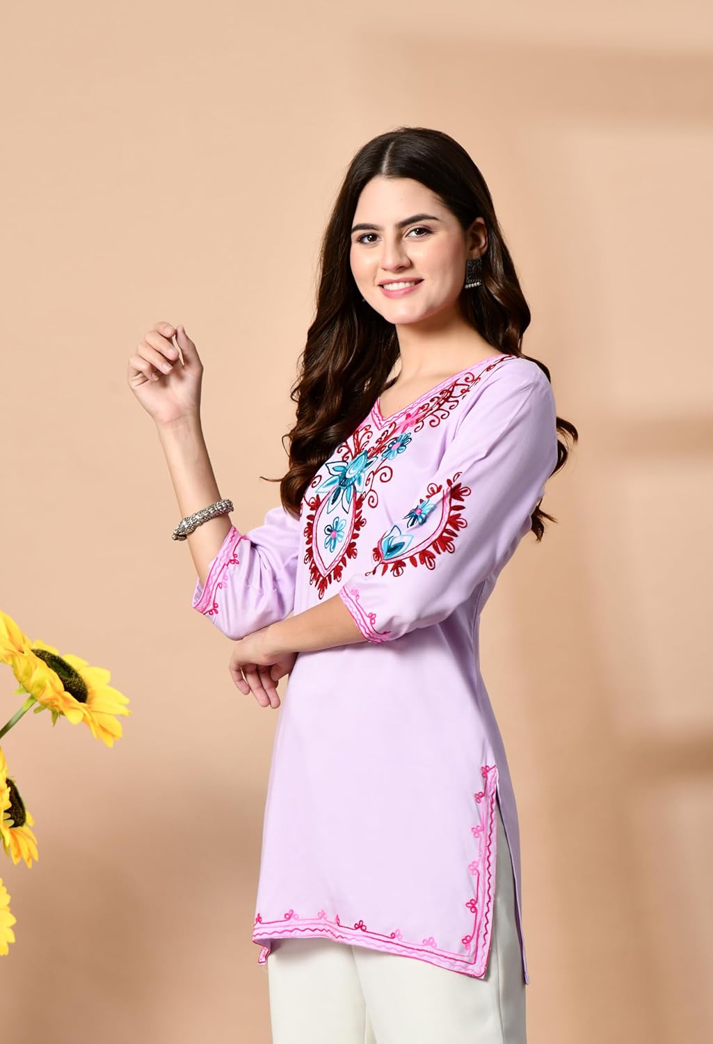 Women's Embroidered Kashmiri Tunic Top, Short Kurti on Jeans, V-Neck, 3/4 Sleeve, Floral Design - Image 5