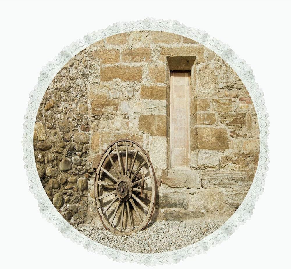iPrint 60" Round Polyester Linen Tablecloth,Barn Wood Wagon Wheel,Ancient Rural Facade with Old Wheel Traditional Country House Decorative,Brown Light Brown,for Dinner Kitchen Home Decor