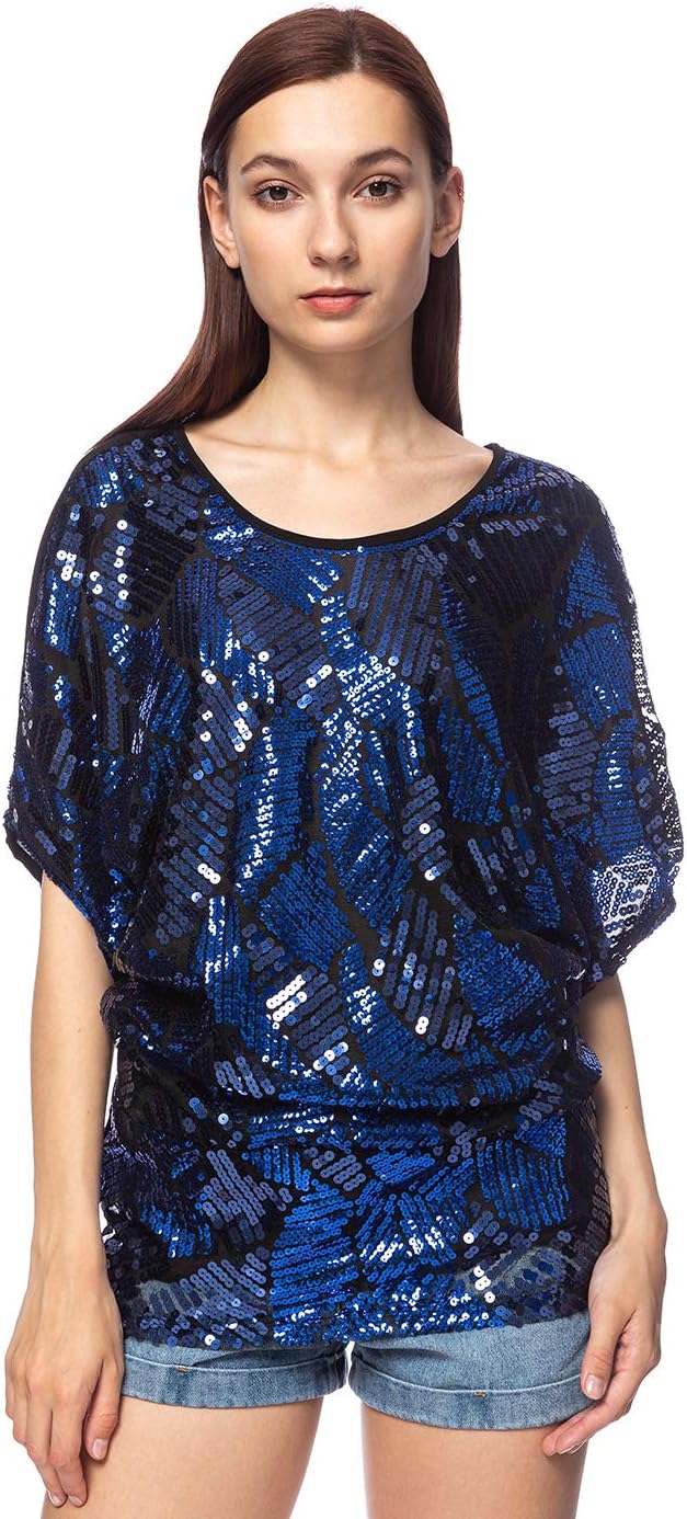 Anna-Kaci Womens Loose Fit Sequin Dolman Sleeve Evening Blouse Top