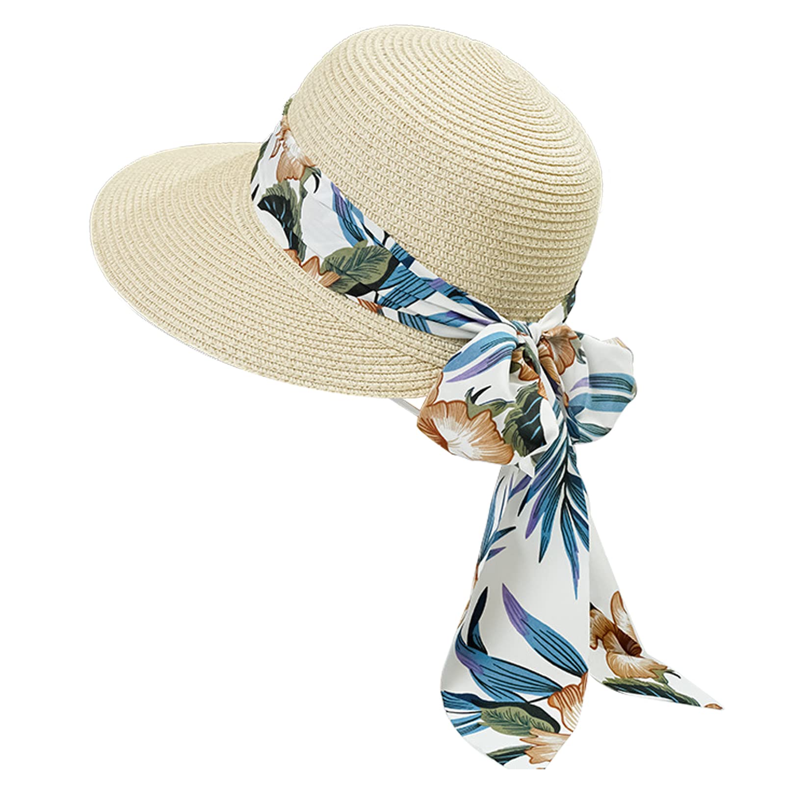 Casquettes rétro Chapeau Paille Visières Femme Chapeau d'été Pliable Grande Bord avec Nœud pour Femme Fille Capline Vintage pour Plage 58CM