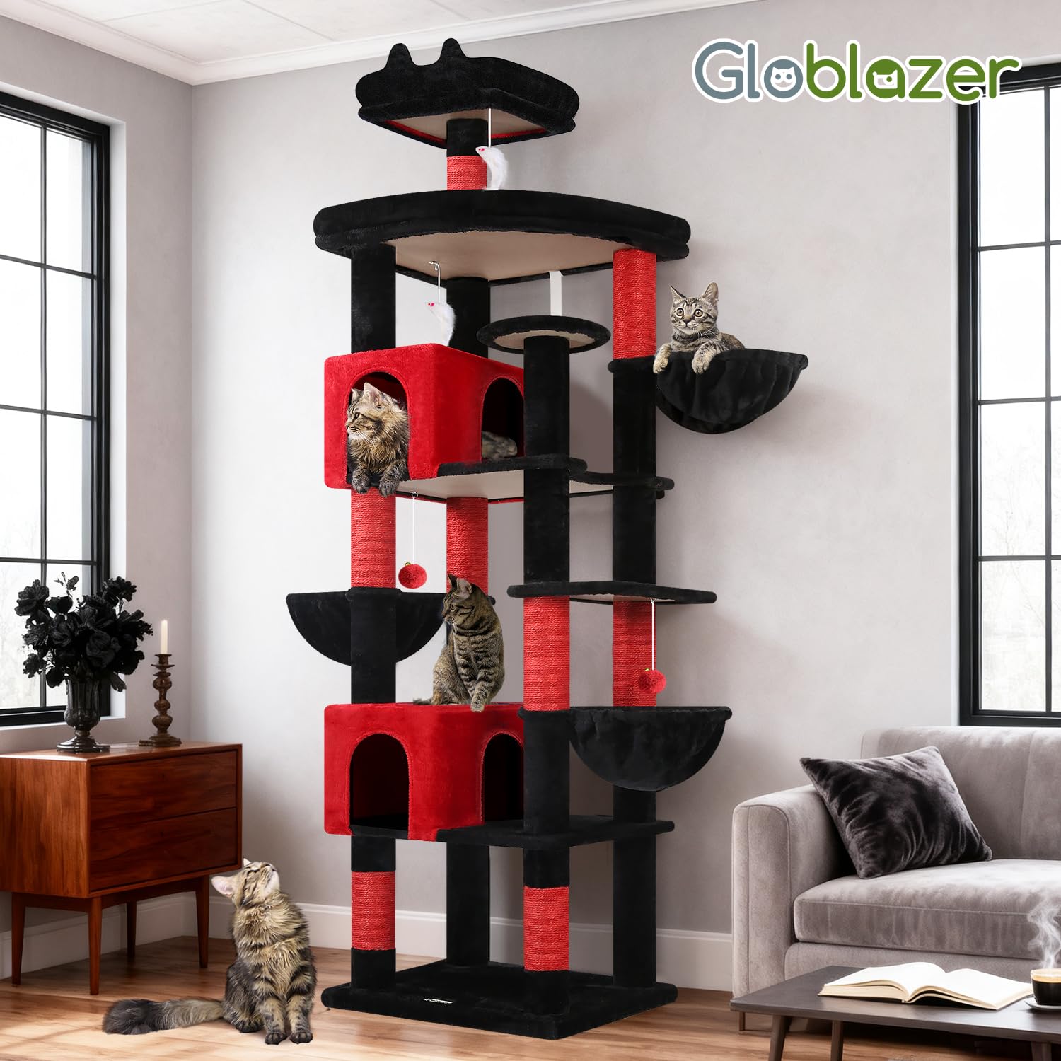 Globlazer Tiragraffi per Gatti Gotico Nero Rosso XXL Alto 209 cm con 2 Grotte, Grande Piattaforma, 3 Cesto, Trespoli Imbottiti, Torre del Gatto Stabile per Multipli Grandi Gatto Adulti (S82, Gotico)