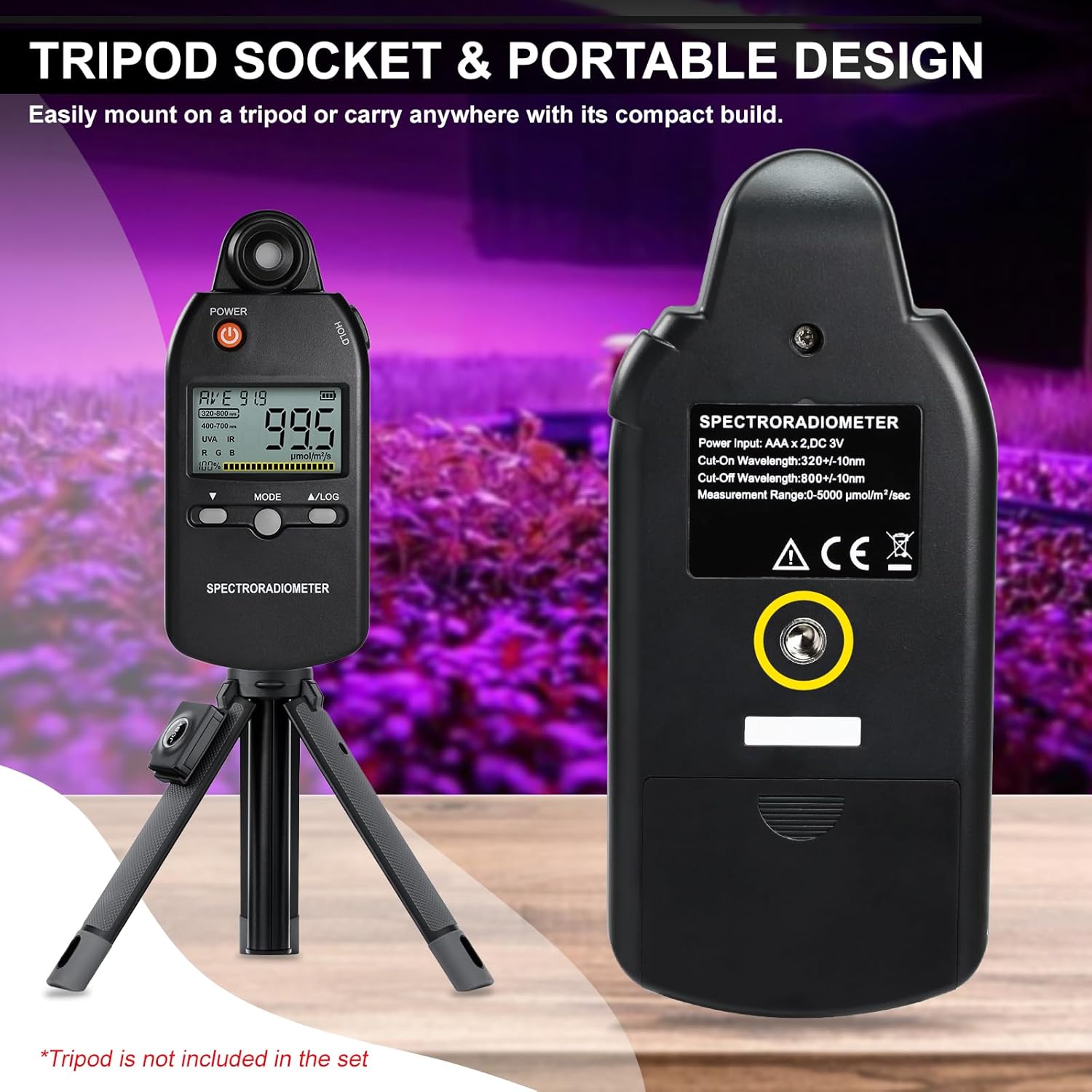 PAR Meter 320-800 nm PPFD Meter Measures PPFD, UVA, and IR Light Intensity, PAR Meter for LED Grow Lights, Quantum PAR Meter Features Data Storage, Hold/MAX/MIN/AVG, Wavelength Switching Modes
