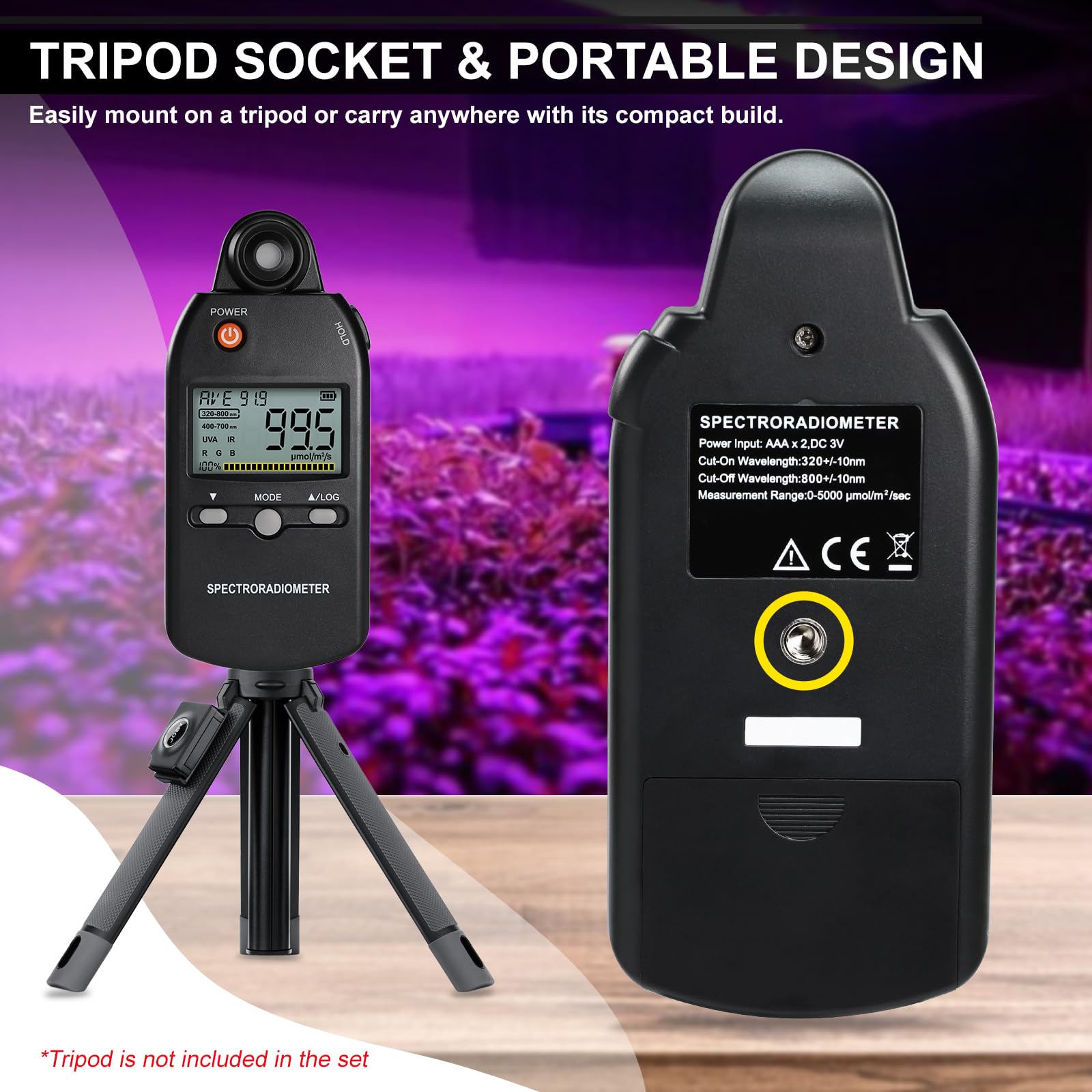 PAR Mètre 320-800 nm, Mesure PPFD Capteur de Lumière pour Plantes Mesurant PPFD, UVA et IR Pour LED de Croissance Affichage RGB, Mémoire de Données, Modes HOLD/MAX/MIN/AVG