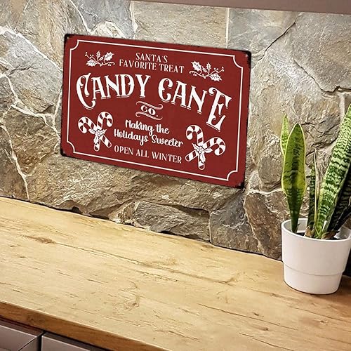 Miniatura 6 de Letreros de metal de Navidad de bastón de caramelo rojo, letrero de hojalata con impresión vintage, adornos para el hogar, cocina, patio, oficina,