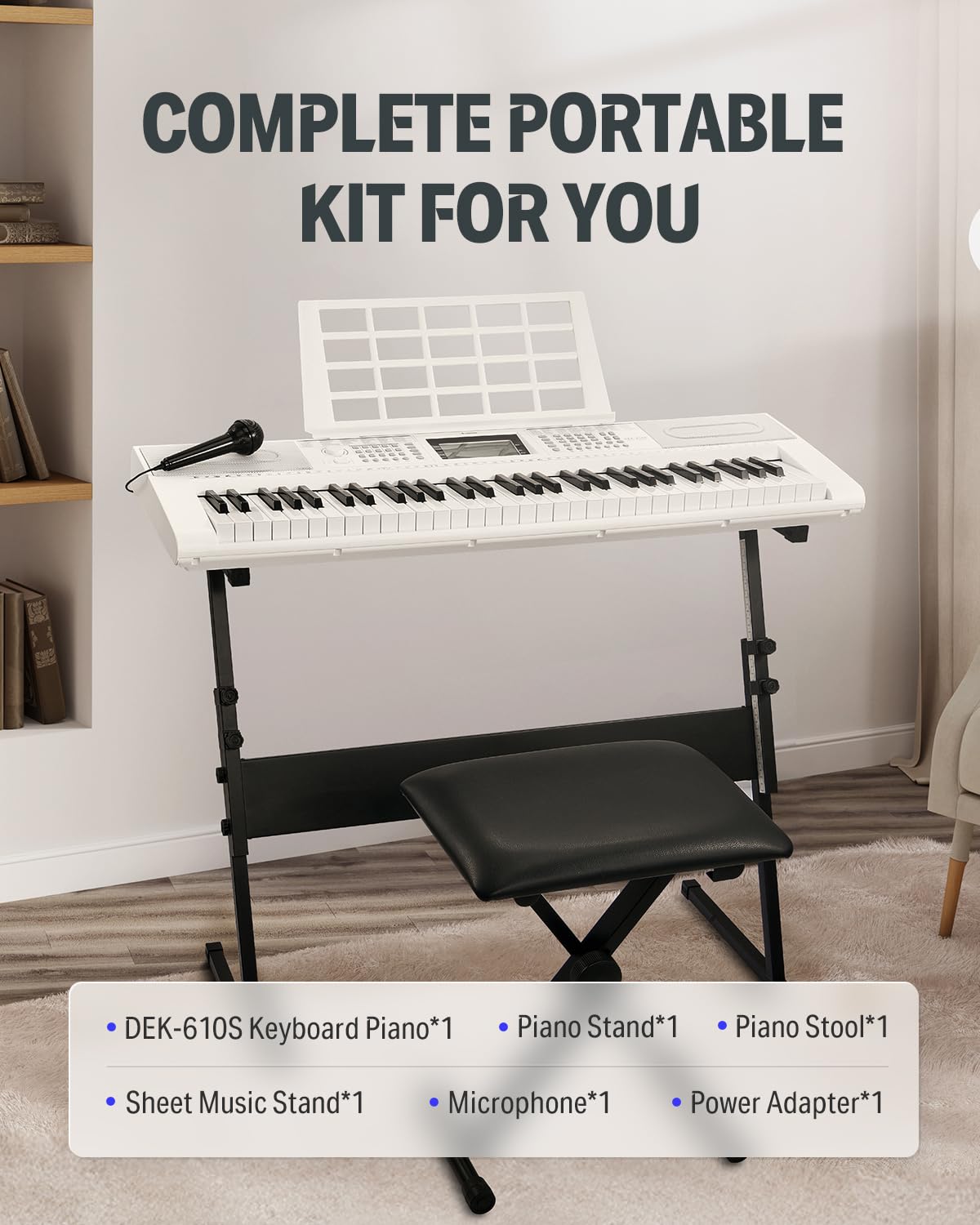 Donner - Tastiera pianoforte a 61 tasti, kit tastiera elettrica con 249 voci, 249 ritmi, include supporto per pianoforte, sgabello, microfono, regalo per principianti, bianco (DEK-610S)