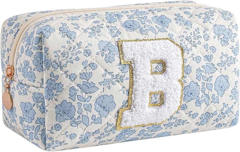 Necessaire de maquiagem Gleyemor com inicial personalizada, algodão acolchoado azul floral