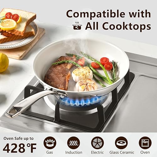 Miniatura 6 de Sartén de acero inoxidable de tres capas de 8 pulgadas, sartén de cerámica antiadherente, sartén con mango que se mantiene fresco, no tóxico, sin