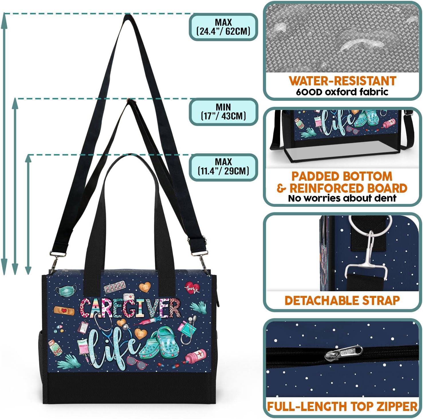 Large Tote Bag for Women. Gift for Nurse. Waterproof Bag with Pockets and Zipper for Travel, Work, Grocery. - Image 5