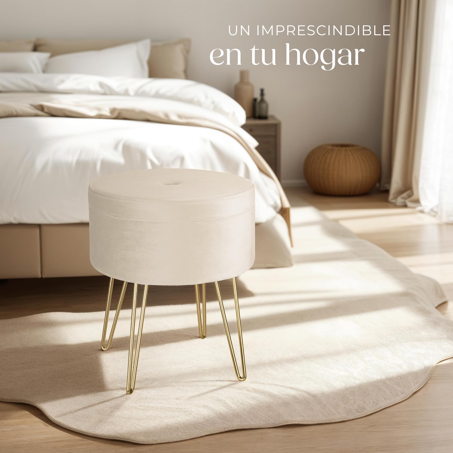 tectake® Elegante Taburete Redondo Aterciopelado con Espacio de Almacenamiento, Capacidad de Carga 300 kg, Mueble Auxiliar Dormitorio, Puff Salon, Taburete Dormitorio, Puff almacenaje - Crema