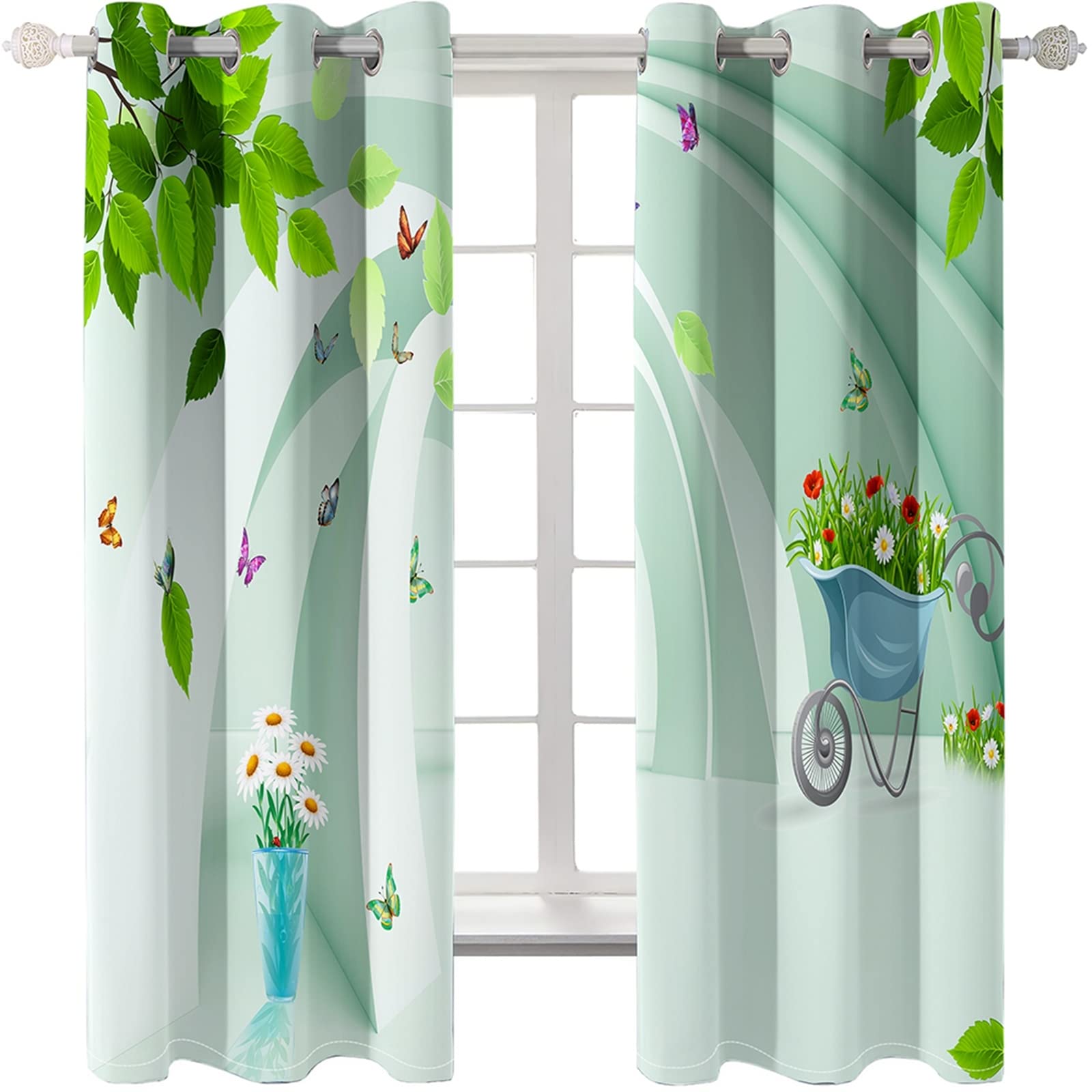 AMDXD Cortina infantil blanca verde azul, cortina de salón moderna, lote de 2 cestas de flores de hoja de poliéster, 264 x 115 cm