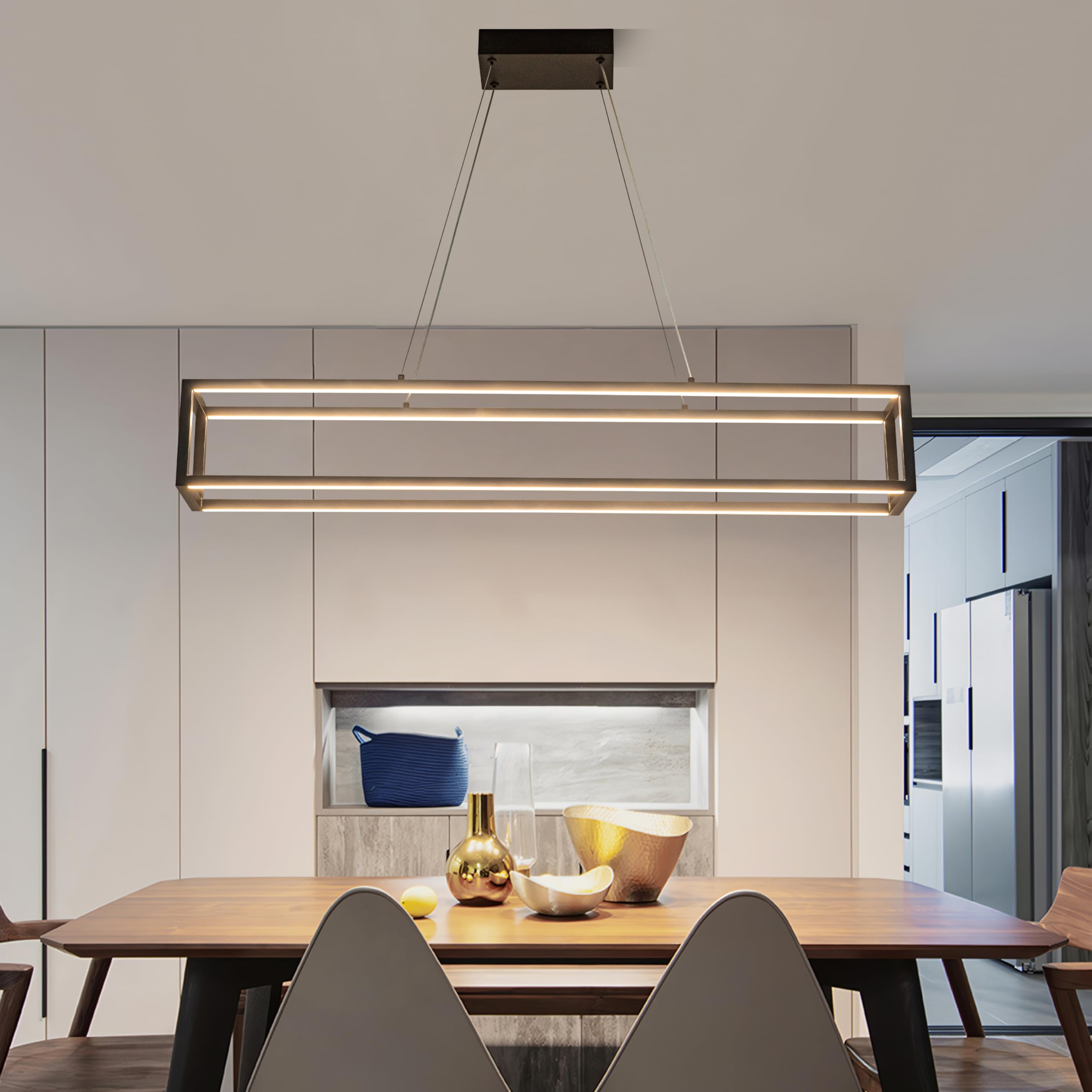 modern led chandelier linear rectangle chandelier dimmable 39" kitchen island lighting,black contemporary hanging linear led pendant light fixture for kitchen, dining room