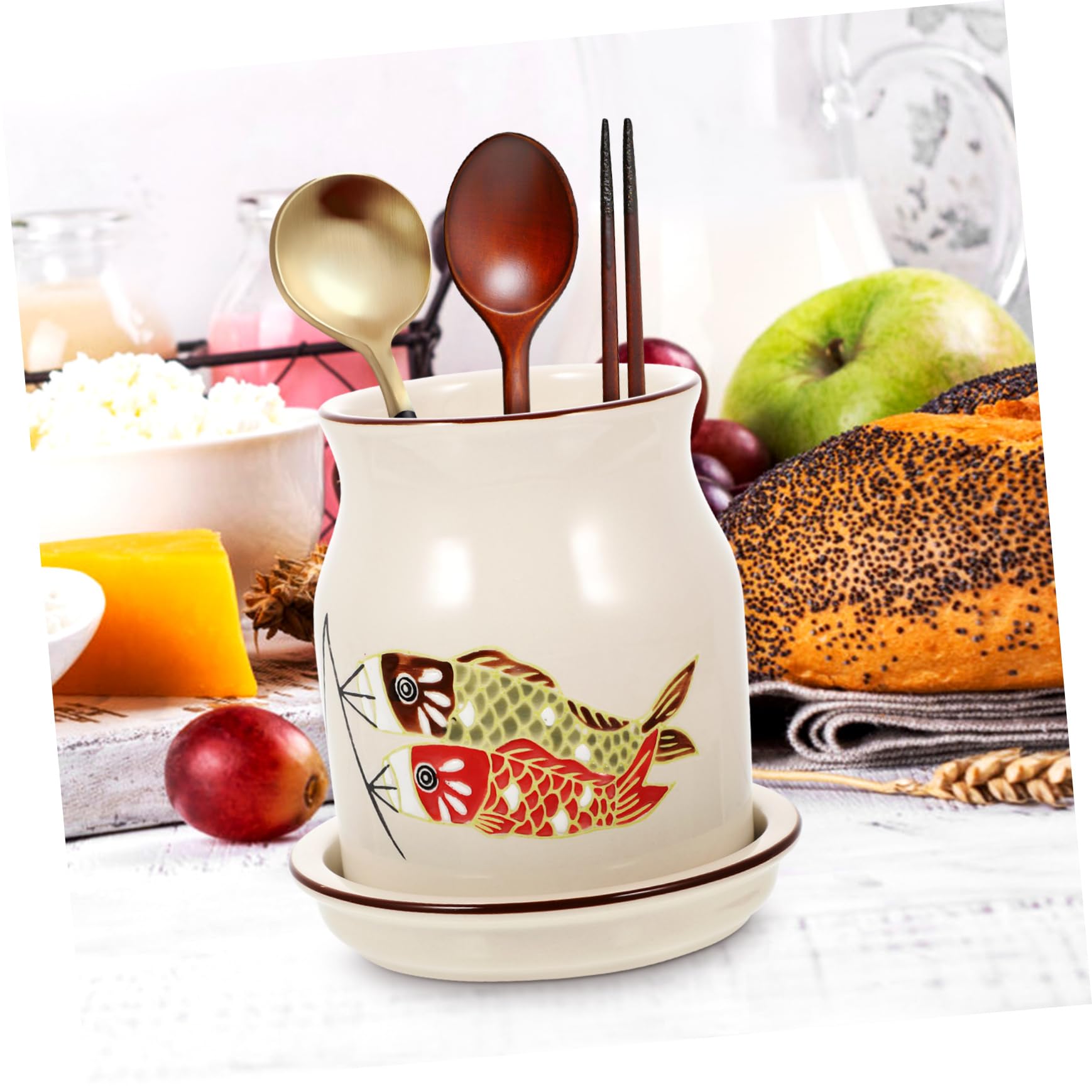 Porte-ustensiles De Cuisine Céramique Support à Couverts Avec Égouttoir Pour Et Cuillères Rangement Pratique Et Élégant Pour Comptoir De Cuisine