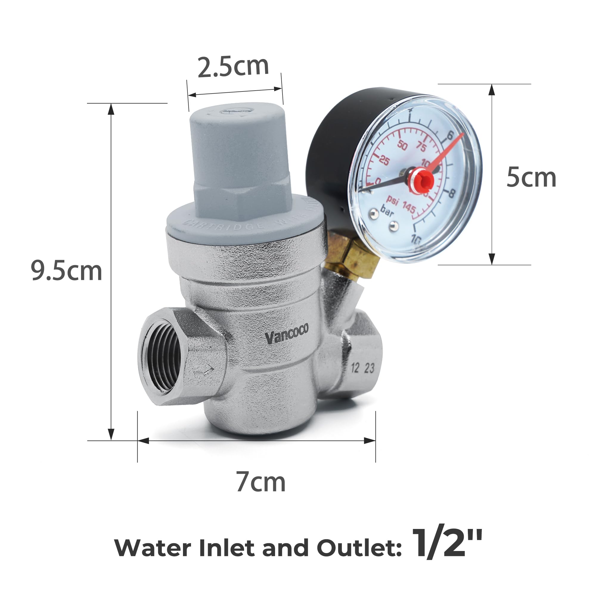 VANCOCO DN15 Réducteur de Pression d'eau 1/2 15/21 pouce, Chauffe-eau Réglable en Laiton, avec Manomètre et filtre