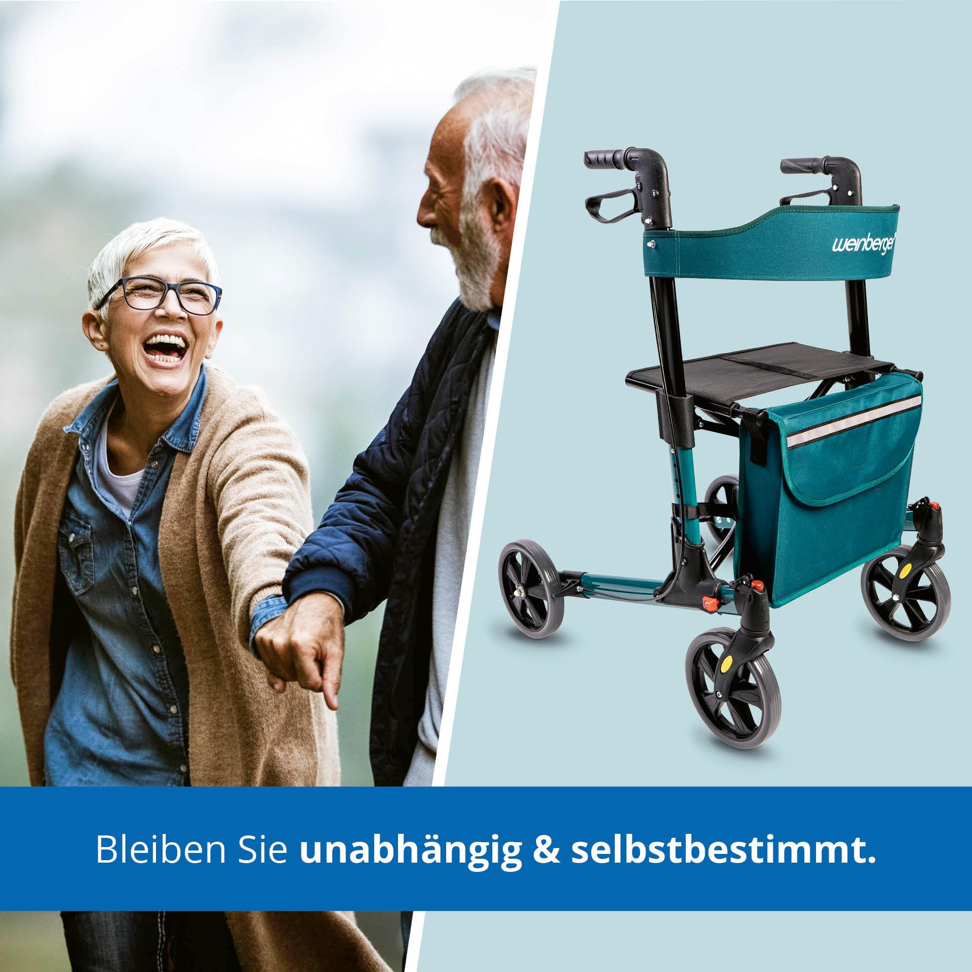 Weinberger Rollator faltbar und leicht mit Sitz | Tasche, Stockhalter, Griff, klappbar für alle Gelände | Höhenverstellbarer Indoor & Outdoor Rollator für Senioren | Gehhilfe, schmal, petrol