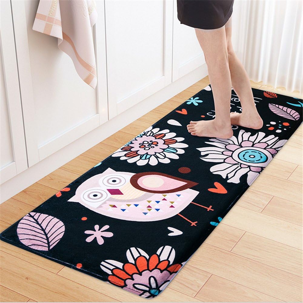 Wellwellbuy Kitchen Rug Anti Skid Bathroom Rug Shabby Balcony Door Carpet Floral Garden Black Owl Korean Style (45×120 cm/17.7×47.2 inches)