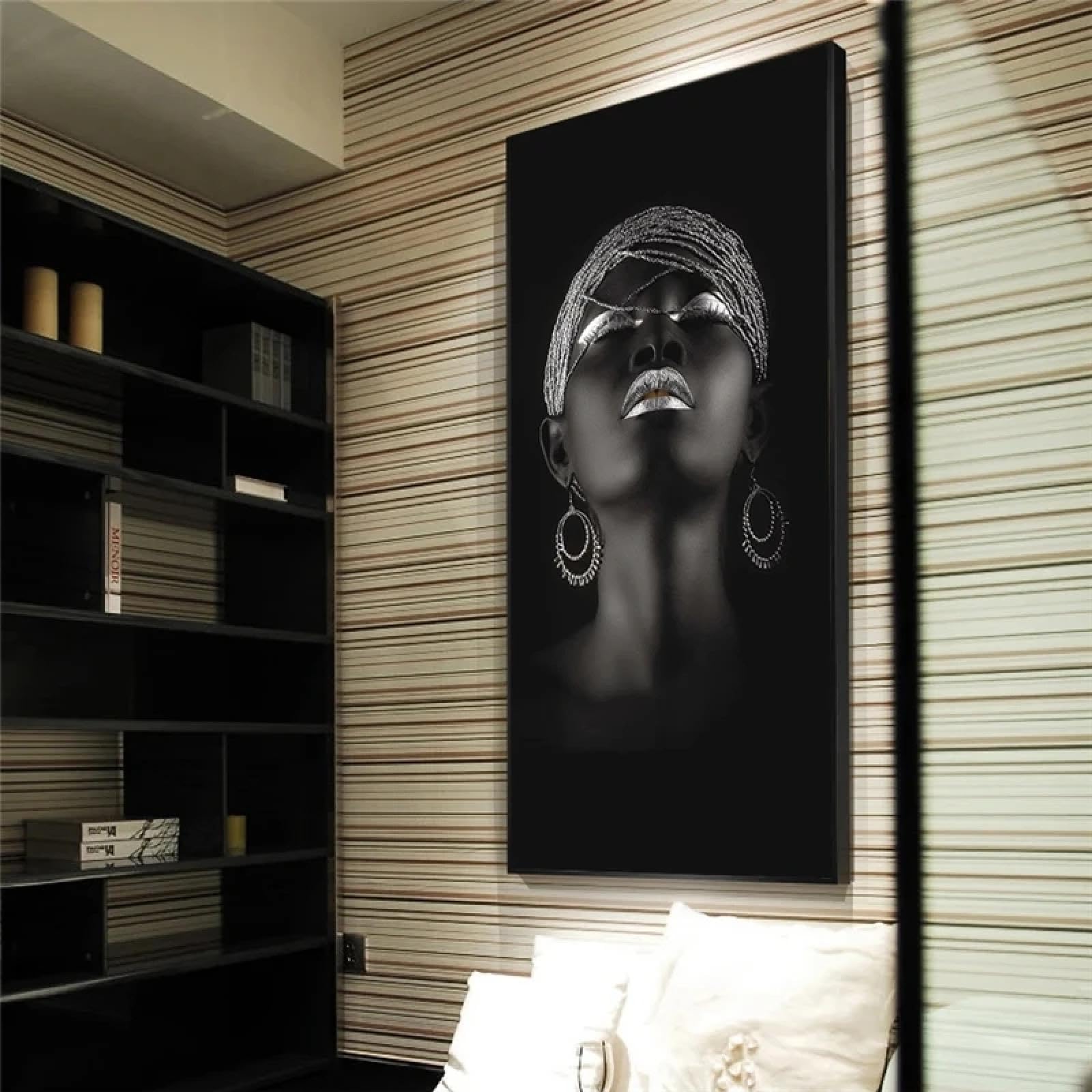 ZHAOLIN Donna nera con gioielli in argento Dipinti su tela Immagini da parete Immagini di arte africana Poster e stampe per la decorazione domestica moderna 60x120 cm (24x47 pollici) Senza cornice