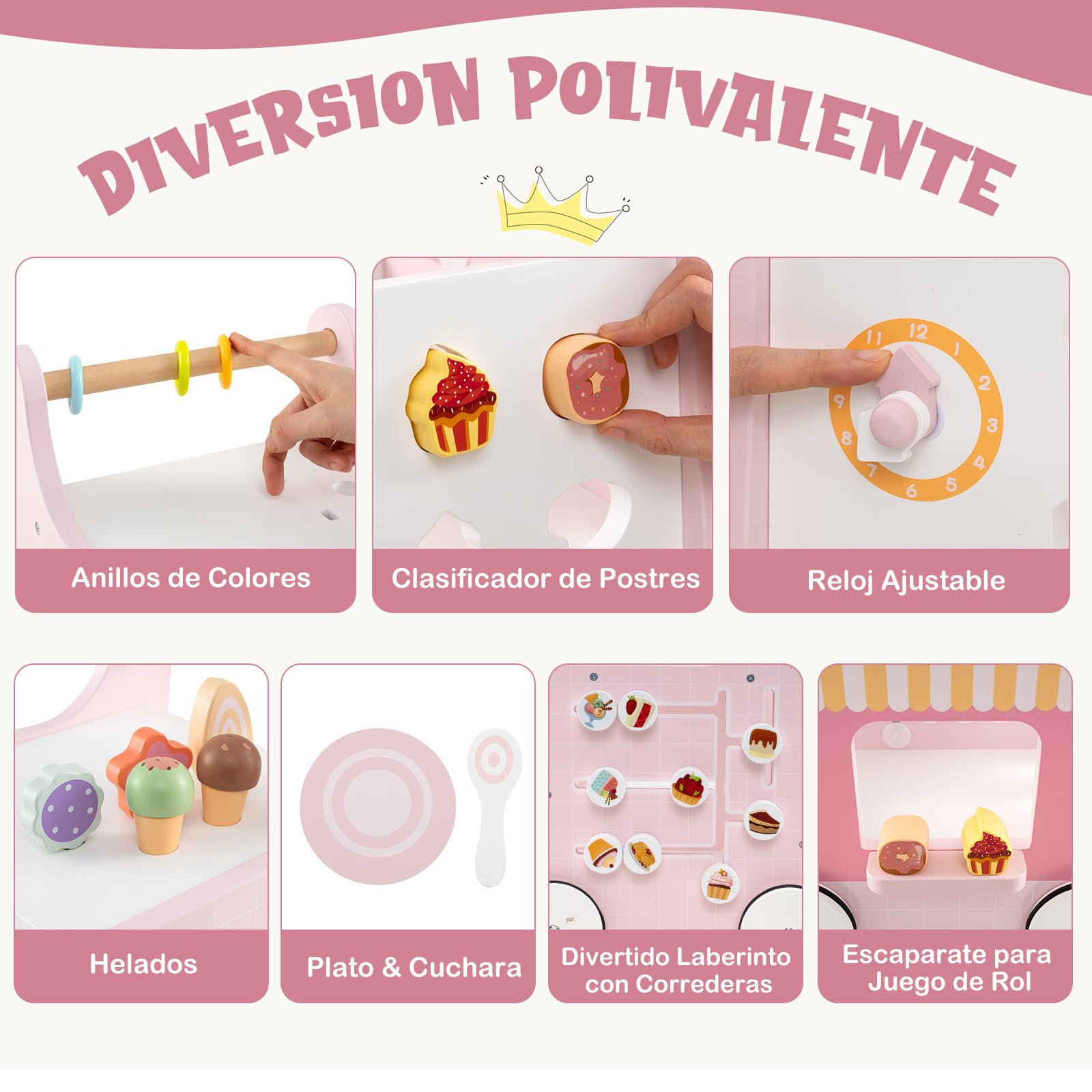 GOPLUS Andador de Madera 2 en 1 para Bebés, Juguete de Empujar Montessori, Carrito de Helados con Accesorios Interactivos, Ruedas Antideslizantes, Centro de Actividades para 1+ Años (Rosa)