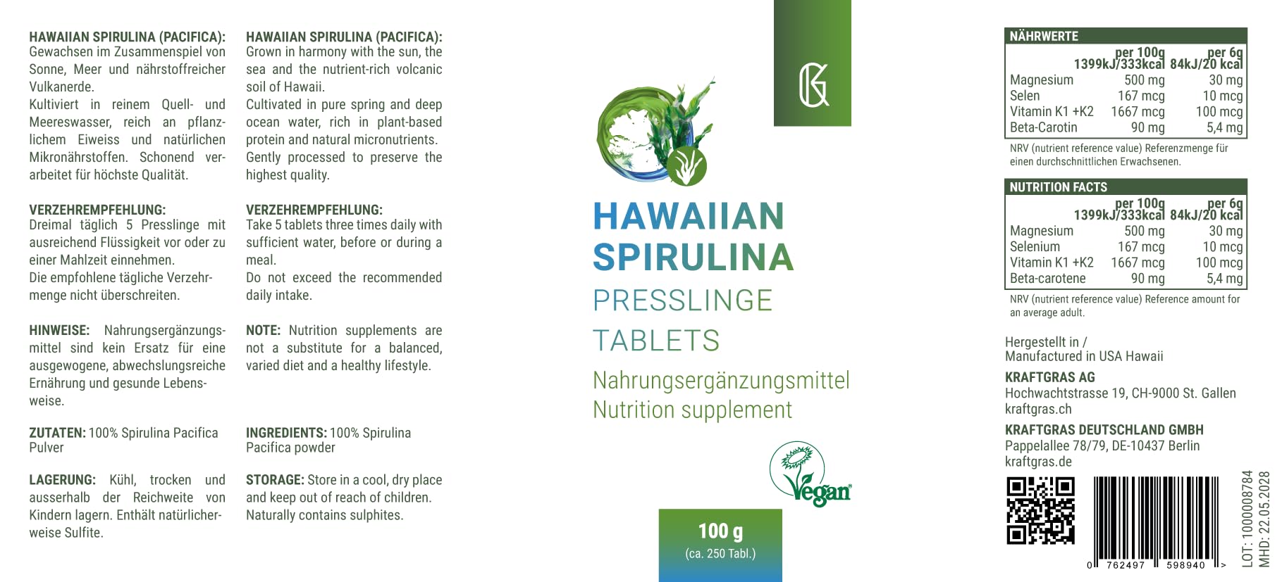 Hawaiian Spirulina Presslinge (100g) – 100% Spirulina Pacifica aus Hawaii | Reinste Mikroalgen Tabletten | Reich an Protein & Phycocyanin | Vegan, ohne Zusatzstoffe
