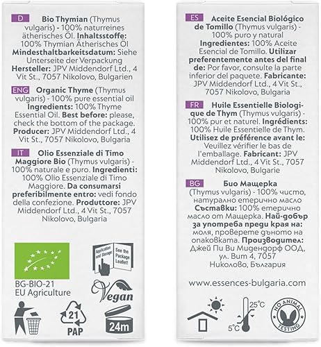 Miniatura 4 de Essences Bulgaria Aceite esencial de tomillo orgánico de 13 fl oz, 0.3 fl oz, Thymus vulgaris, 100% puro y natural, sin diluir, grado terapéutico,