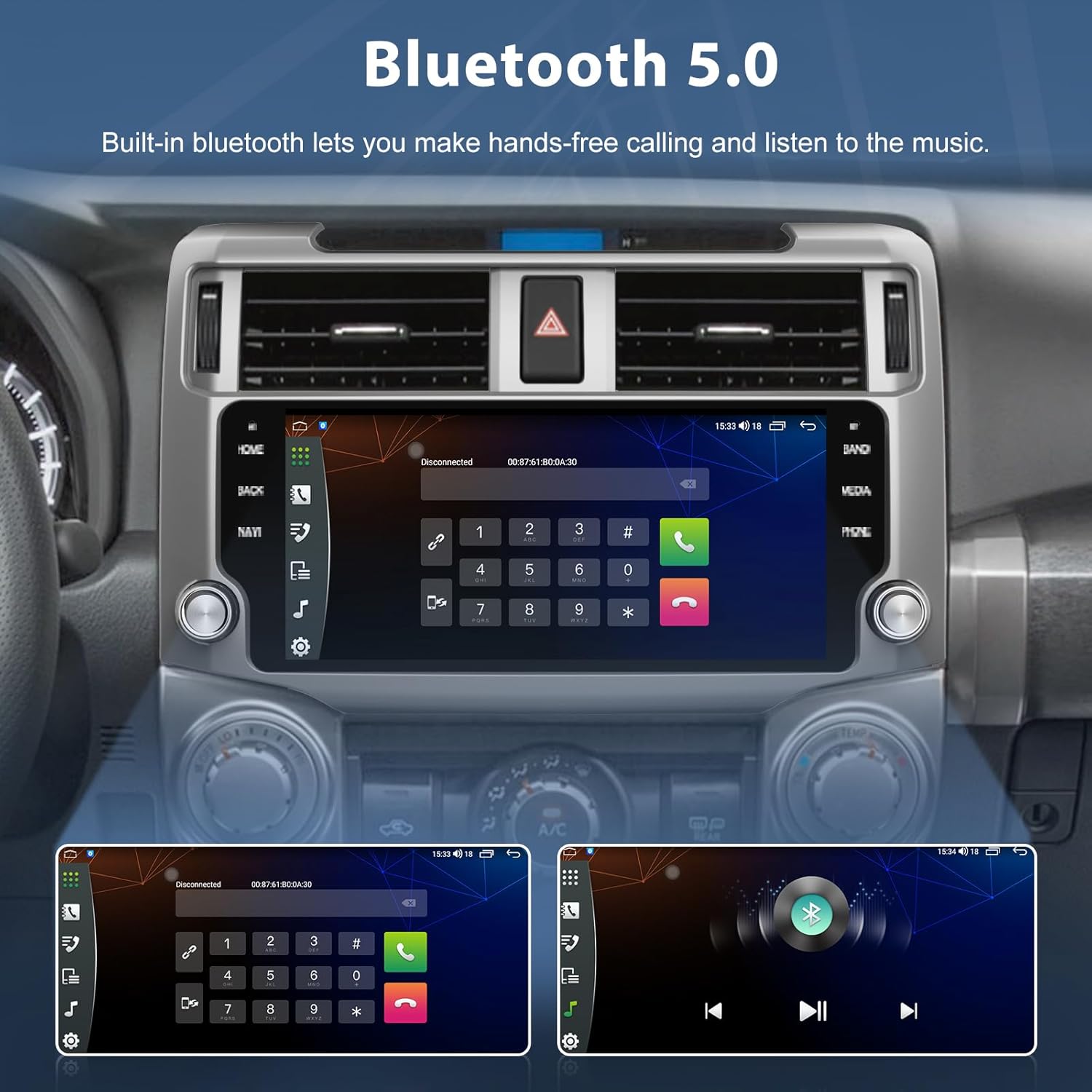 Junsun head unit displaying Bluetooth phone dialer and music playback interfaces