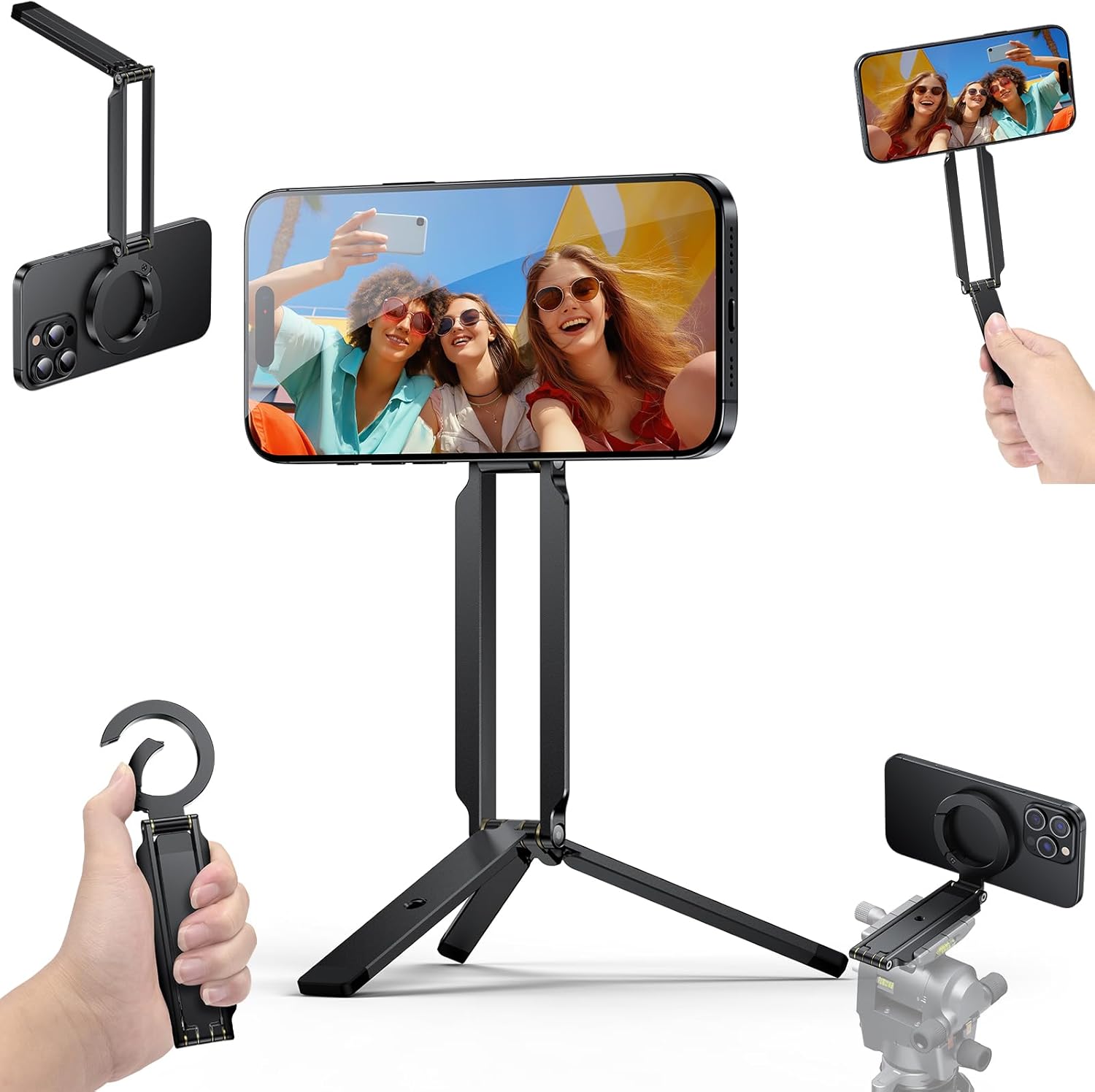 Magnetic Phone Tripod Stand Foldable Magnetic Mini Tripod Pocket Cell Phone Stand with Arca-Swiss, 1/4'' Screw Hole,Compatible with Magsafe for iPhone 17/16/15/14/13/12