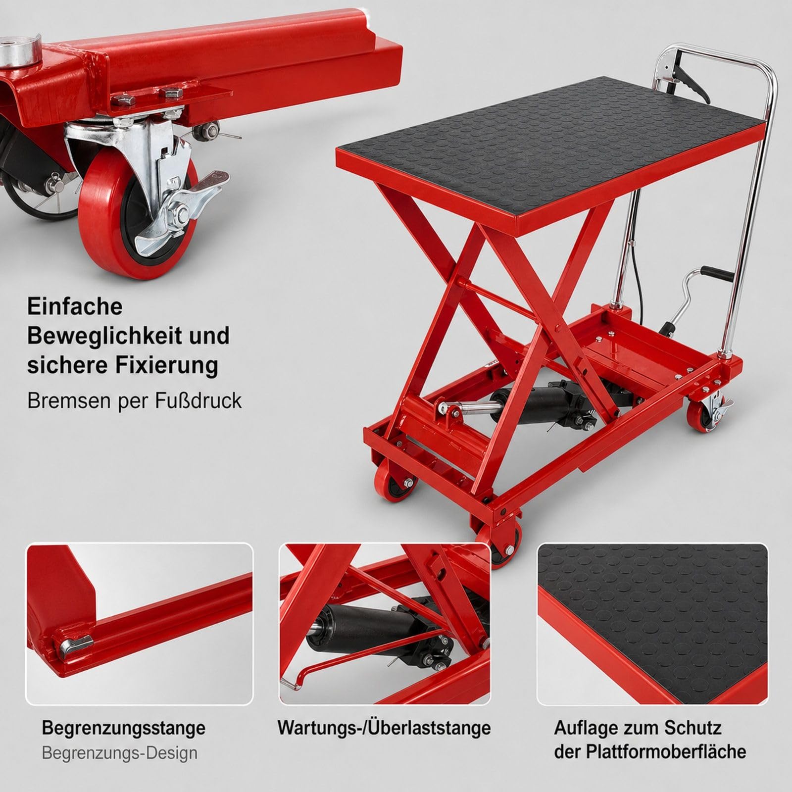 Hydraulischer Hubtischwagen, 500 lbs Traglast, manueller Scherenhubtisch, 4 Räder, rot, für Materialtransport und Handhabung