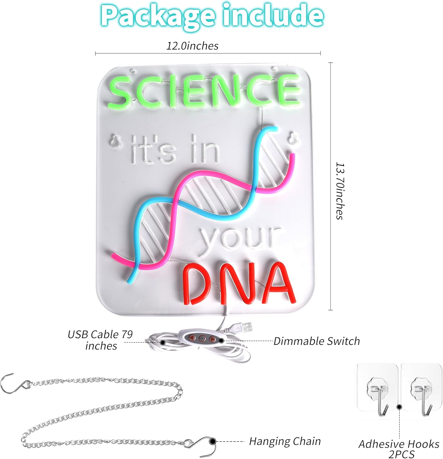DNA Science Neon Sign Wall Decor 16"x12" Dimmable LED Light with Double Helix Model, Biology Teacher Gift for Classroom Lab Office Bedroom, Science Gifts for Students Teens Chemists & Science Lovers