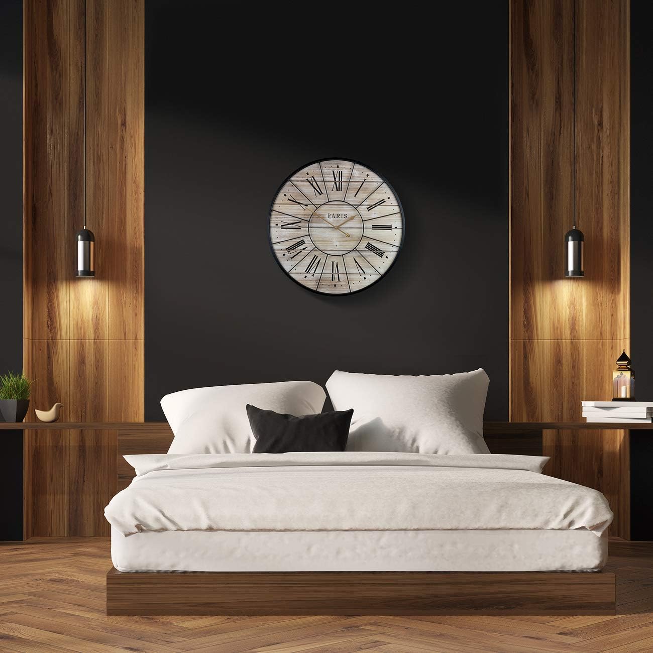 Sorbus Paris Wall Clocks for Living Room Décor, Decorative Wall Clock for Kitchen, Parisian French Country Rustic Large Modern Farmhouse Decor Ideal Analog Wood Metal Clock, 24” Round