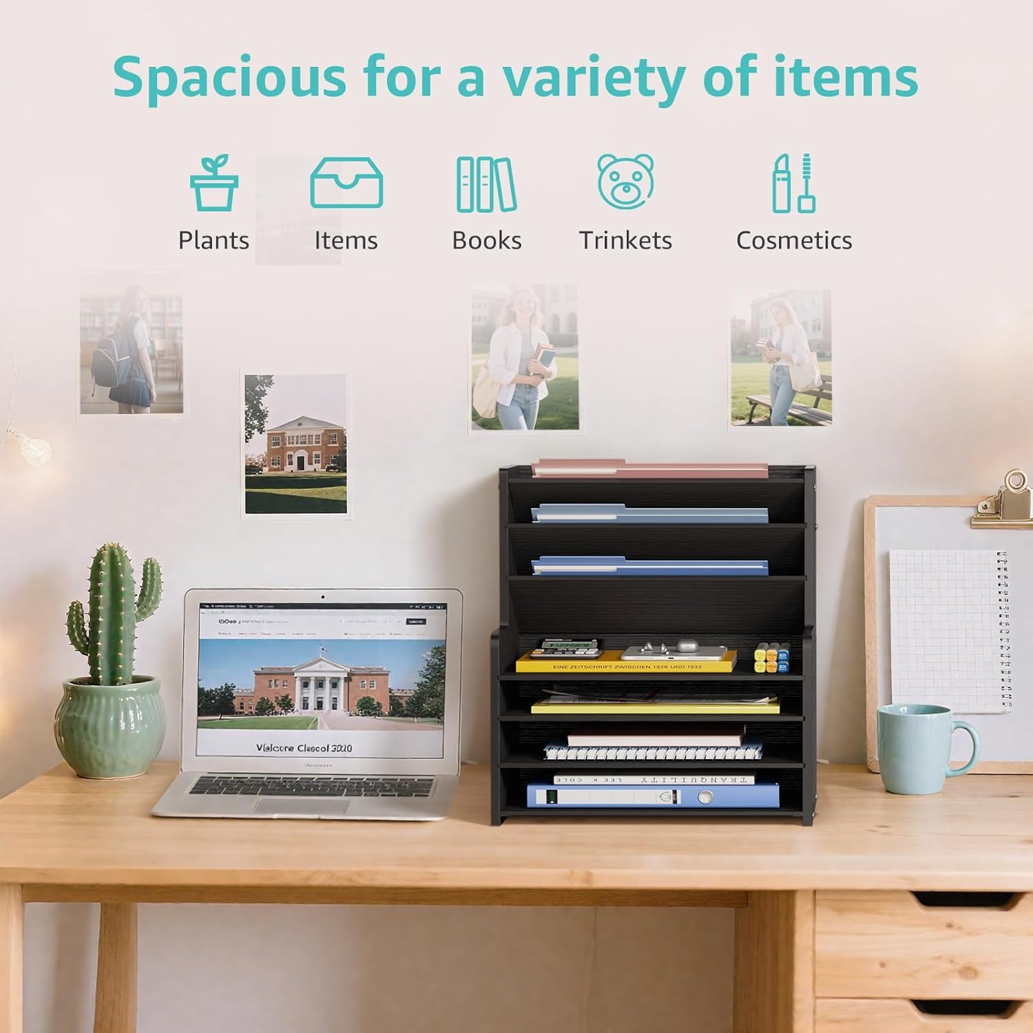 7 Tier Black Desk Organizer with File Holder, Wood Desktop Paper Organizer for Office Organization, Vertical Document Sorter and Letter Tray for Desk, School Storage Orgnizer Shlef