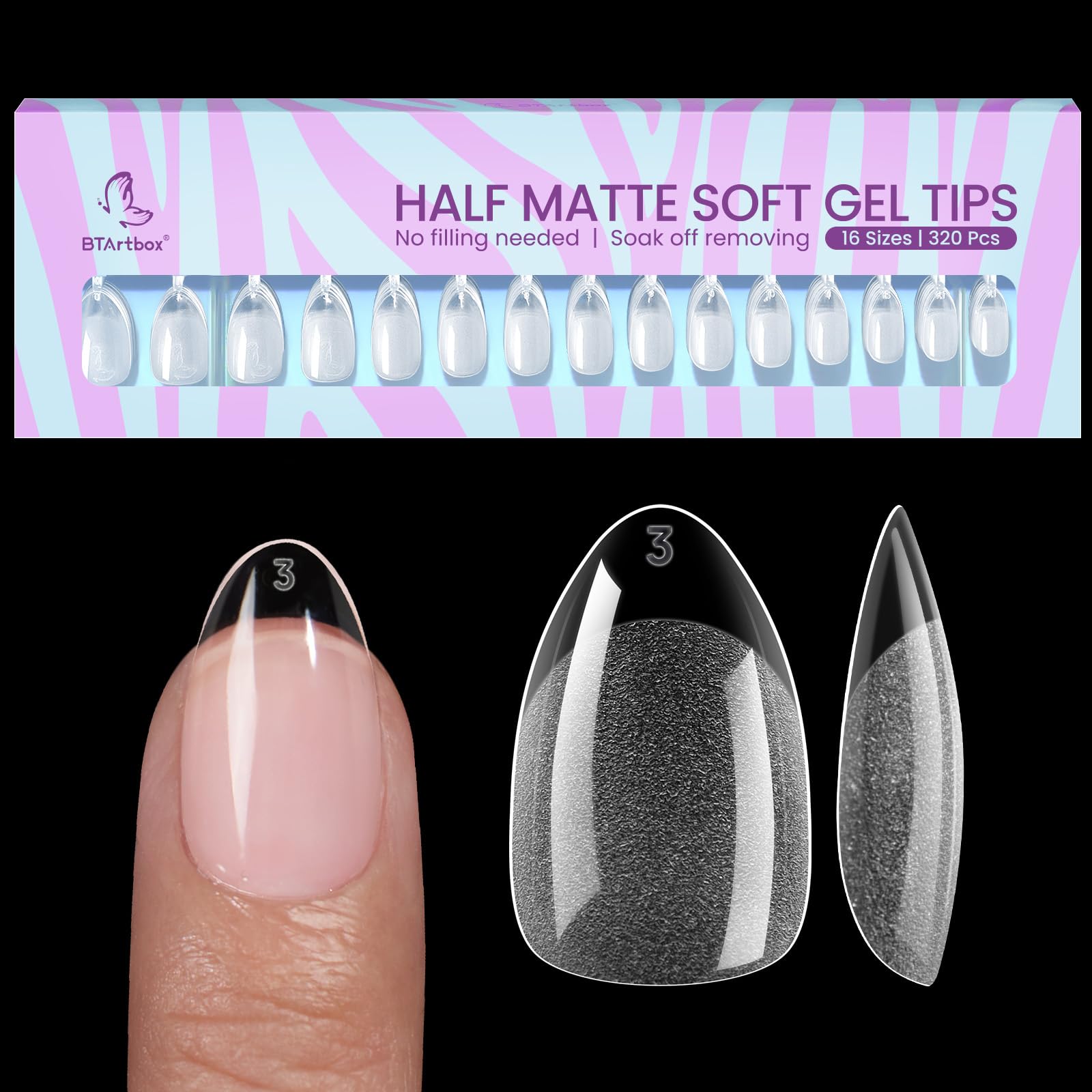BTArtbox Kurz Mandel Nägel Tips - Vollständige Abdeckung Nail Tips Pre-Shaped Halbmatt Gelly Nagelspitzen für Acrylnägel für Frauen,Salon,320 Stück,16 Größen