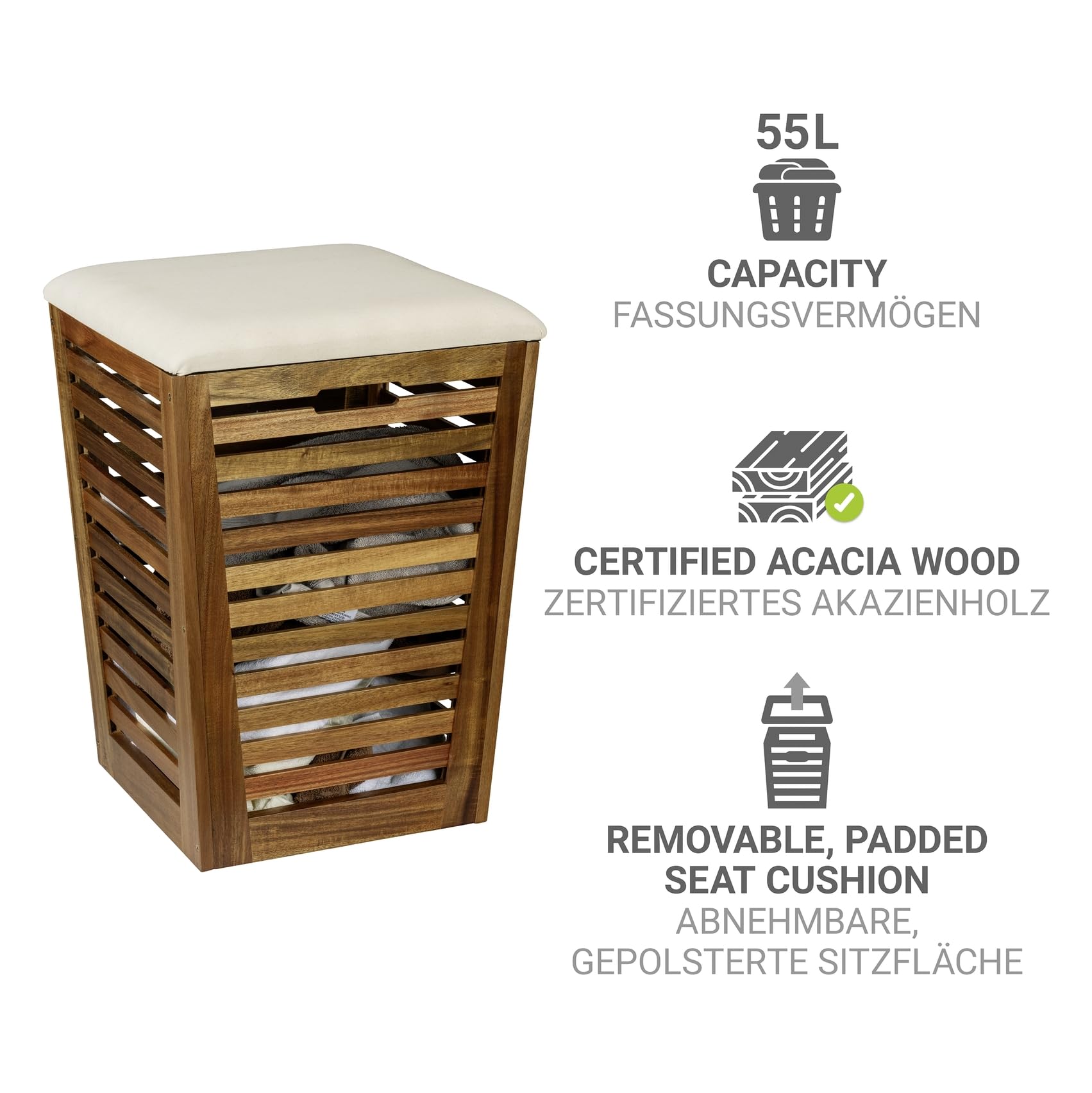 WENKO Wäschetruhe mit Sitzpolster Mod. Fondi aus massivem Akazienholz mit 55 L Fassungsvermögen Sitzp. aus 100% Baumwolle Maße 40 x 56 x 40 cm Braun