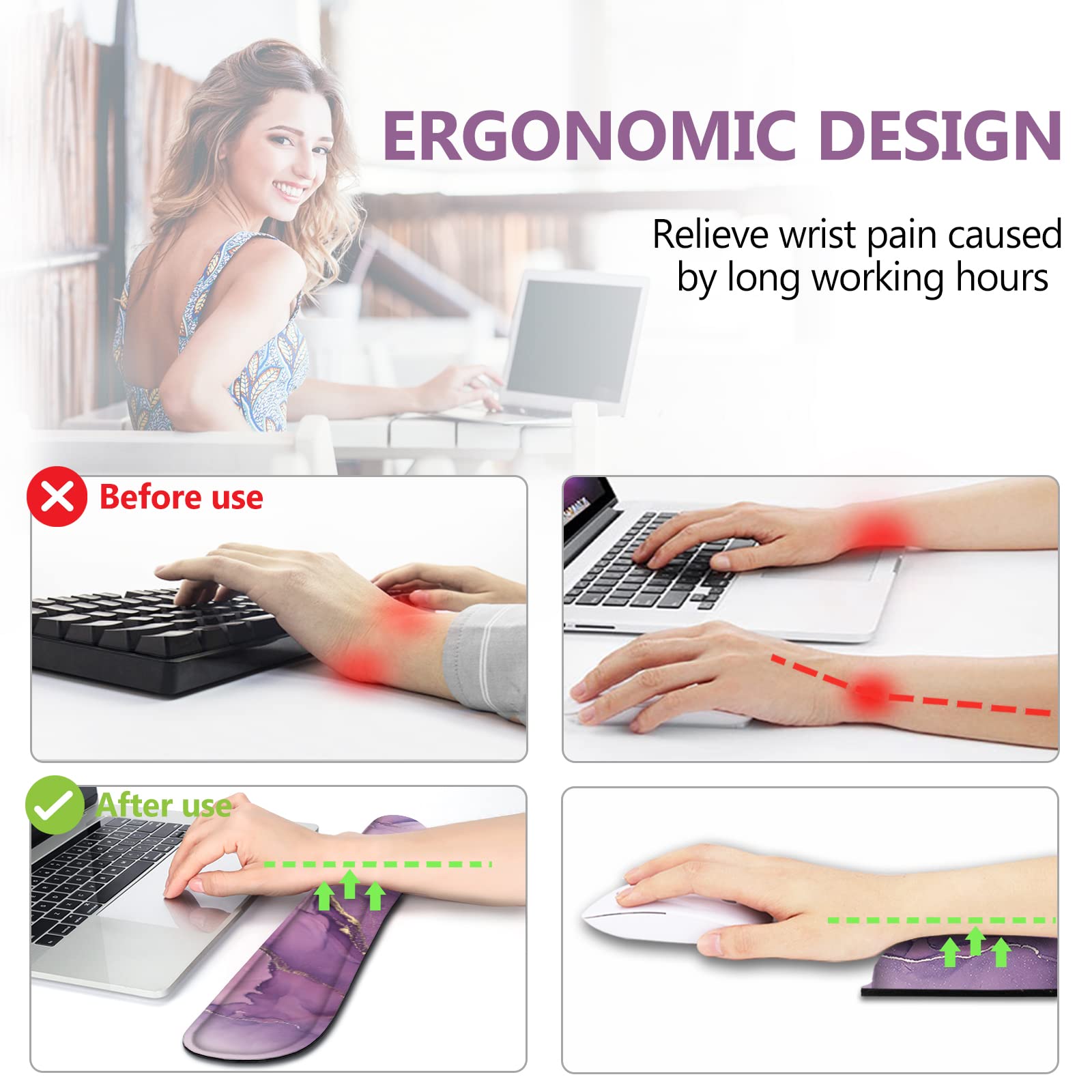 AIMSA Tastatur-Handgelenkauflage + Mauspad + Maus-Handgelenkauflage + Untersetzer, ergonomischer Memory-Schaum, rutschfeste Gummiunterseite, 4-teiliges Set, einfaches Tippen, Schmerzlinderung, lila