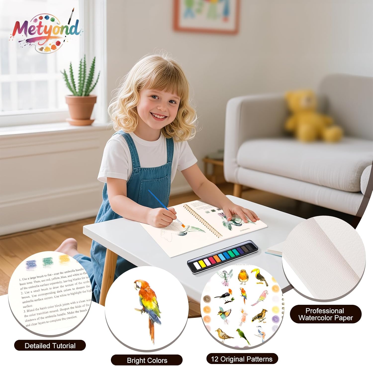 Metyond Watercolor Workbook - Watercolor Coloring Book with 1 Workbook 12 Colors Paint Set with Brush, Beginner Friendly Watercolor Workbooks Set Gift for Adults Teens (Birds)