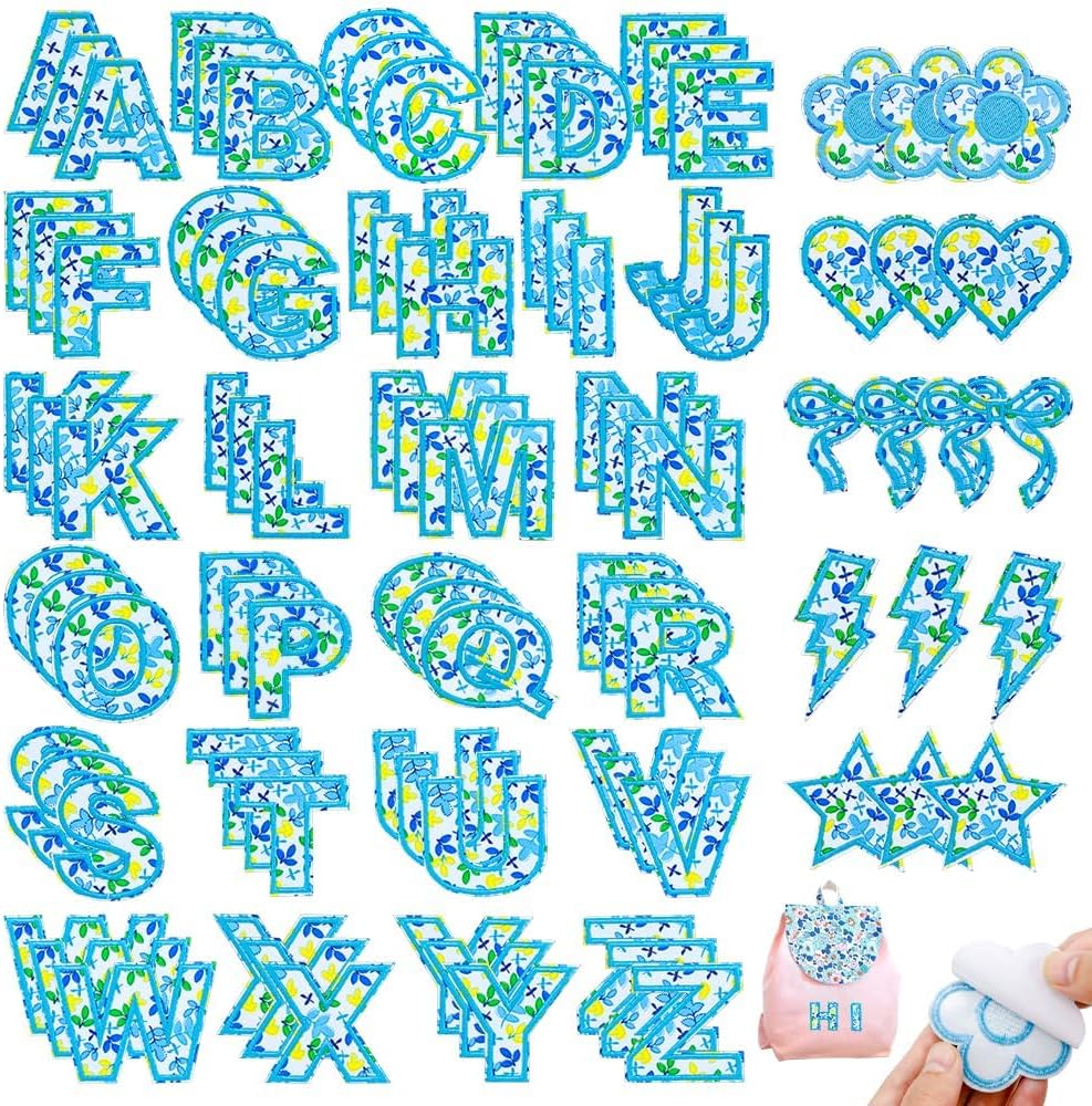 93pcs Floral Letter Patches Self-Adhesive Embroidered Blue Flower Lightning Star Bow Heart Stickers Cute Varsity Fabric Applique for DIY Clothing Jackets Backpacks Trucker Hats Bags Repair Art Crafts
