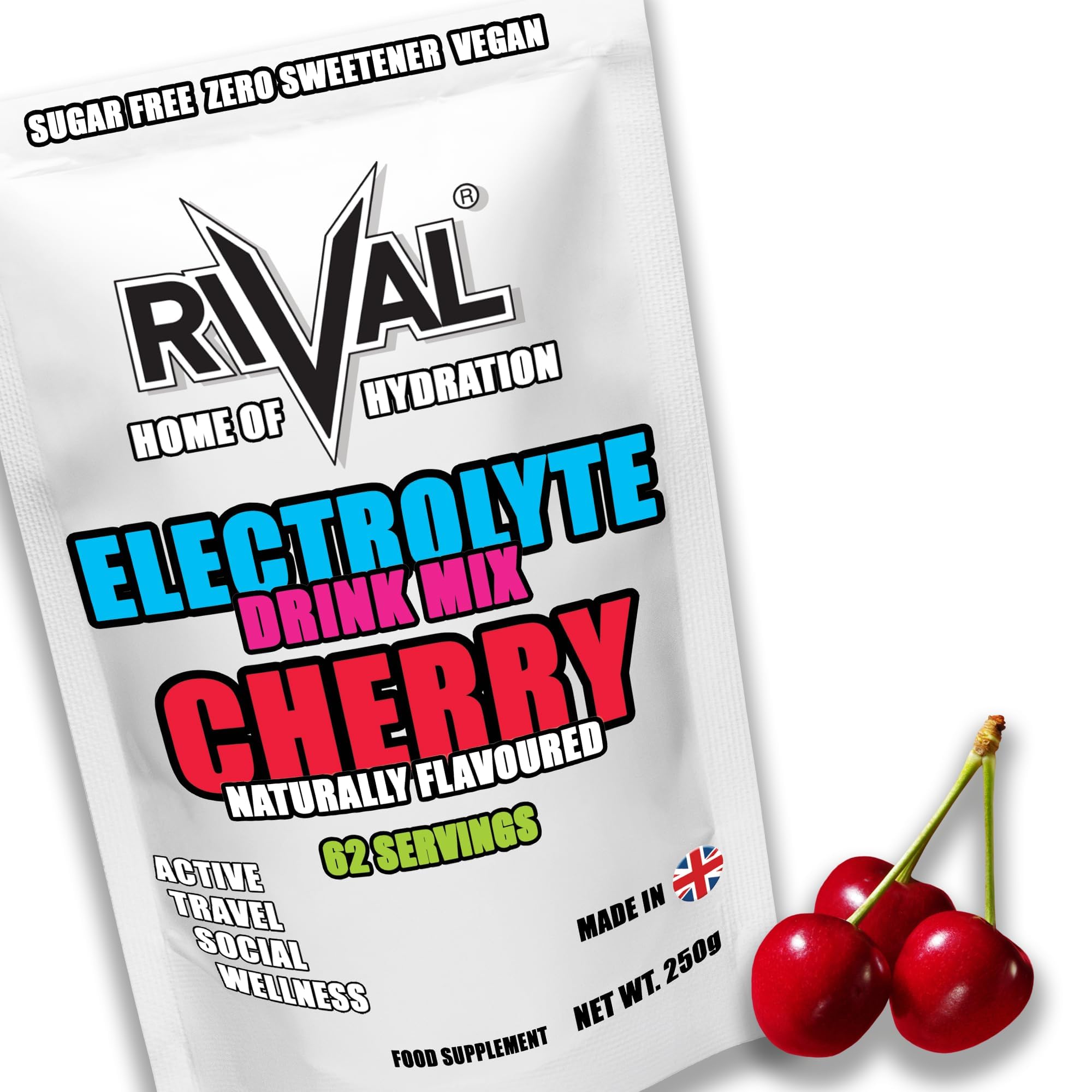 Rival Electrolyte Powder 250g Rapid Rehydration Naturally Flavoured, Sugar Free, Zero Carbs, Vegan, Keto Friendly - 62 Servings Made in The UK | Cherry
