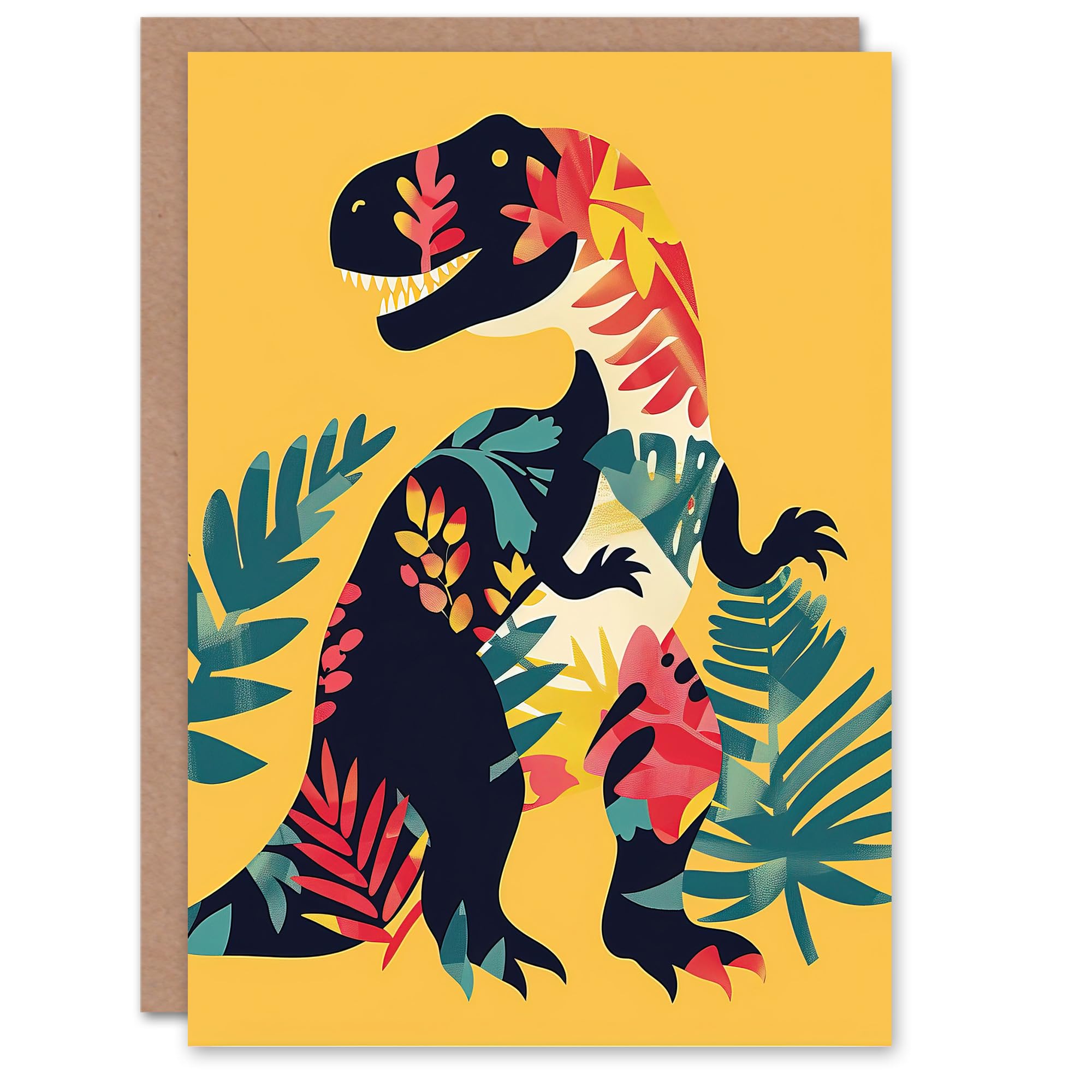 Artery8 Greeting Card Boho Botanical Pattern T Rex Dinosaur Design Blank For Him Or Her Art Birthday Card