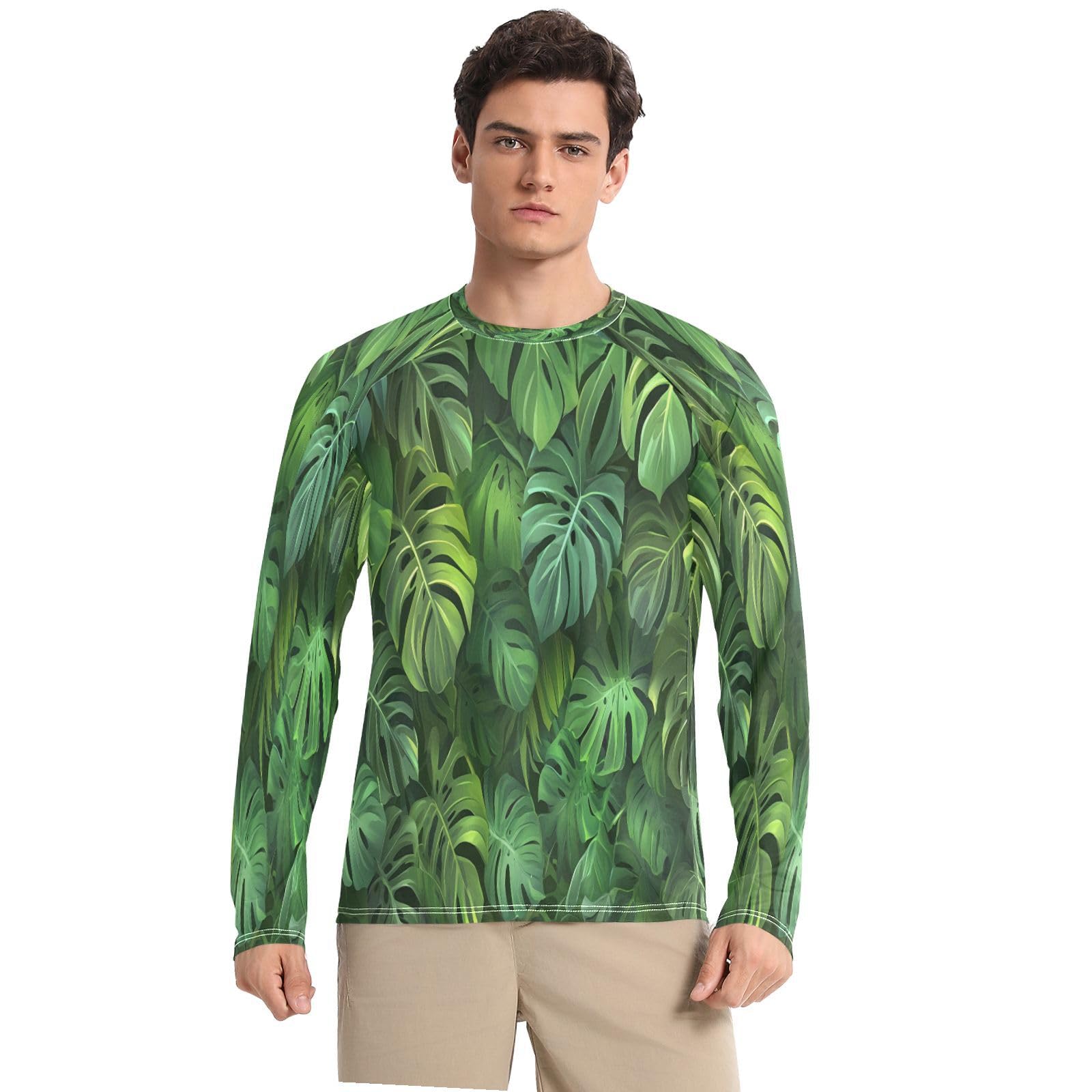Bulletgxll Tropical Leaves Men's Sun Protection Shirts UPF 50+ Long Sleeve UV Rash Guard Quick Dry Swim Shirts