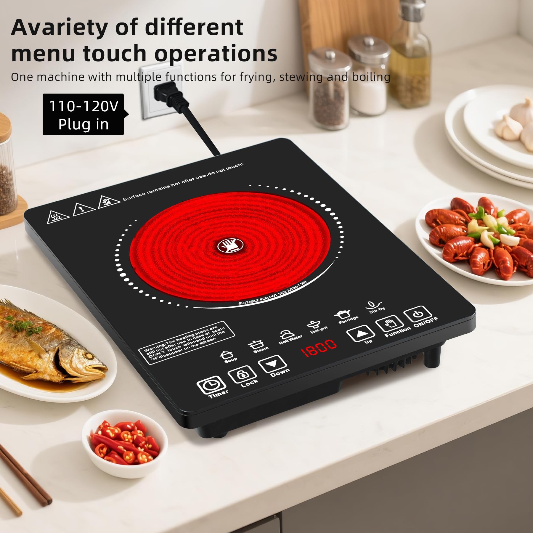 Wesonorous Single Burner Electric Cooktop,110V 1800W Electric Stove Top with LED Touch Control,9 Power Levels, 3 hTimer, Safety Lock,single burner cooktop Overheat protection view 7
