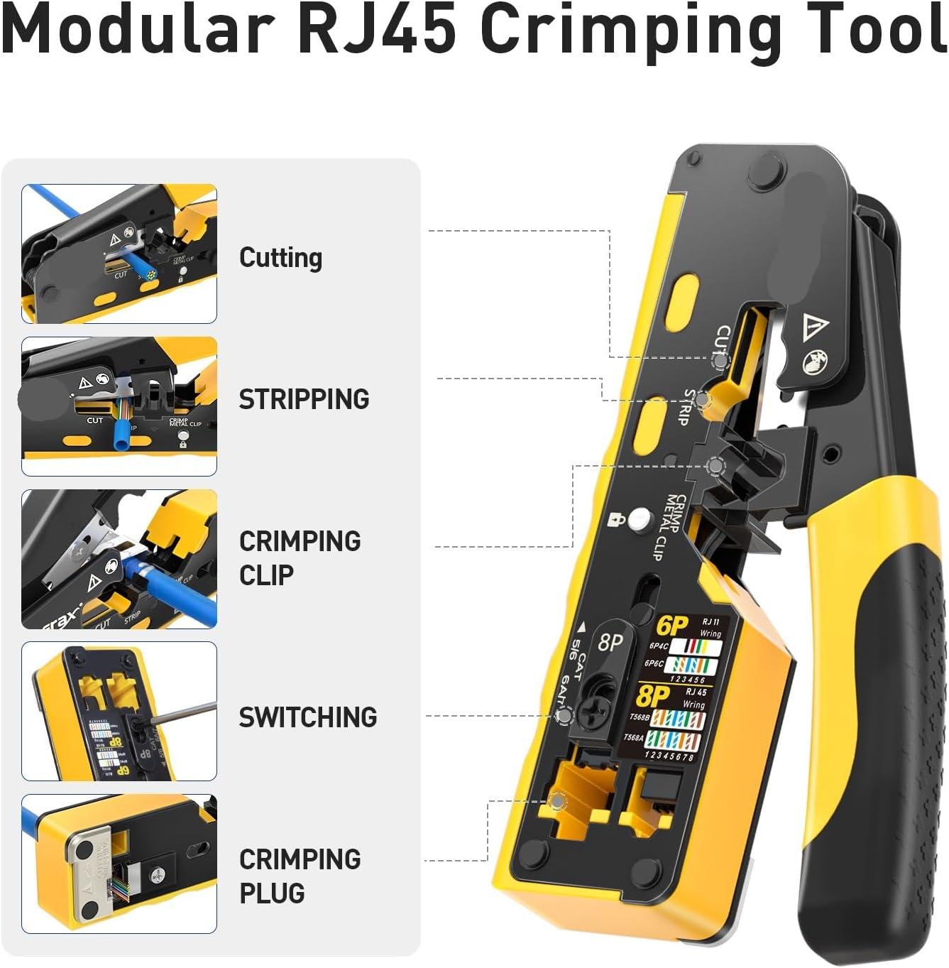RJ45 Cat7 Crimp Tool Ethernet Crimping Tool Wire Cutter Crimper For Cat7 Cat6a Cat6 Cat5e Pass Through Connectors(Yellow)